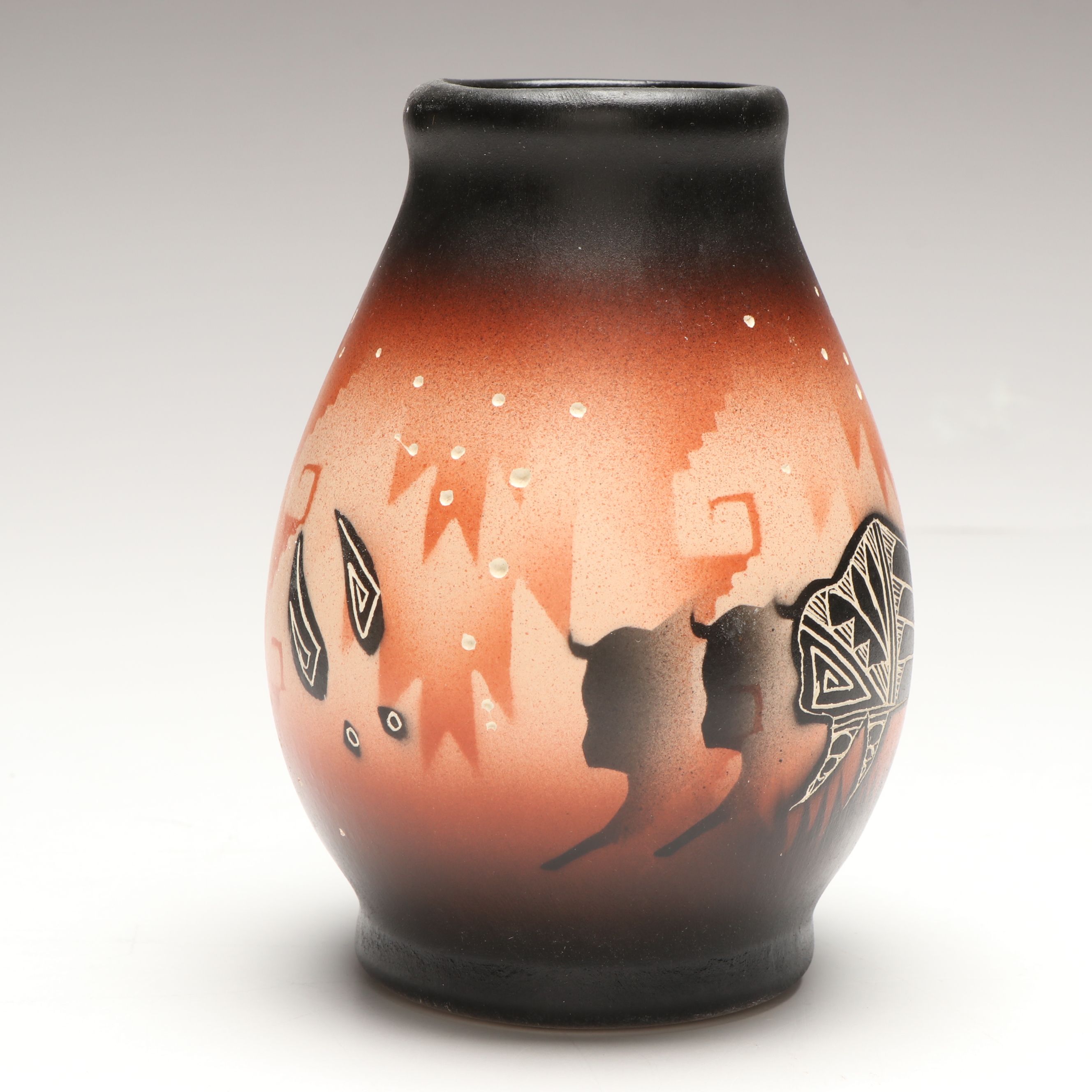 Signed John Dineh Buffalo Sgraffito Vessel and Other Art Pottery Vase