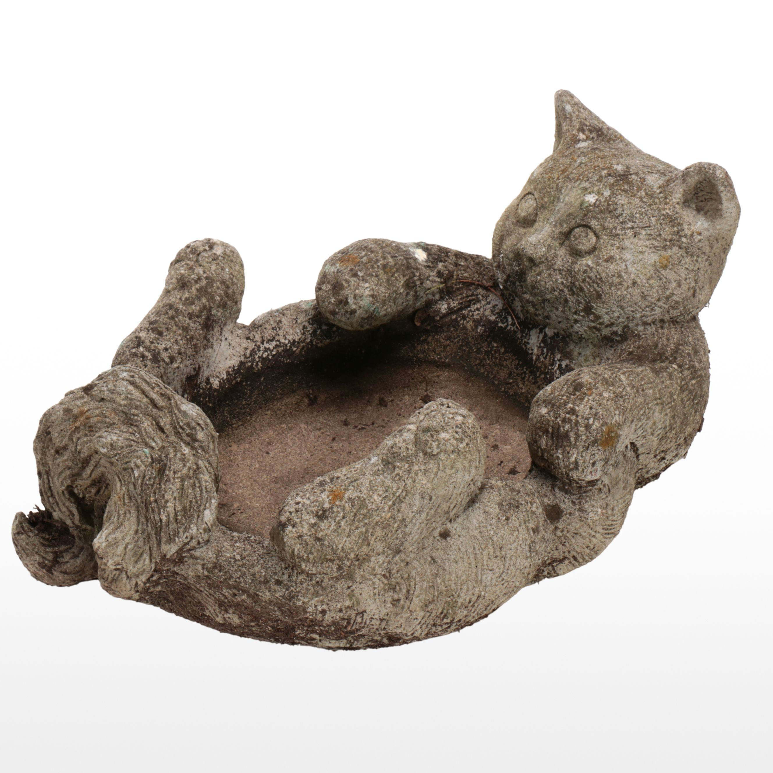 Weathered Cat Lying on Back Stone Garden Planter