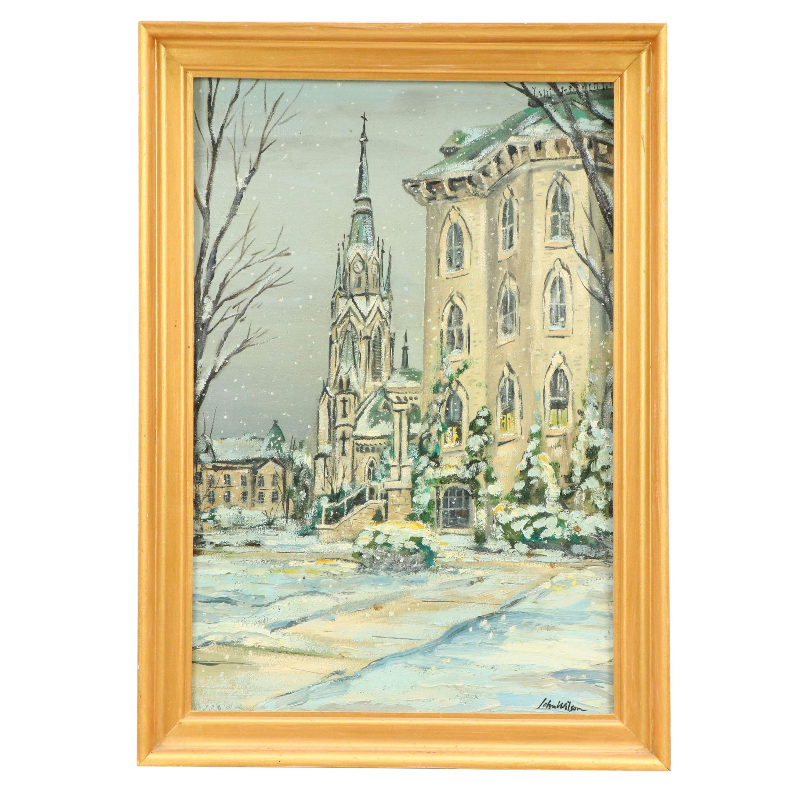 John Wilson Winter Cityscape Oil Painting, Late 20th/21st Century
