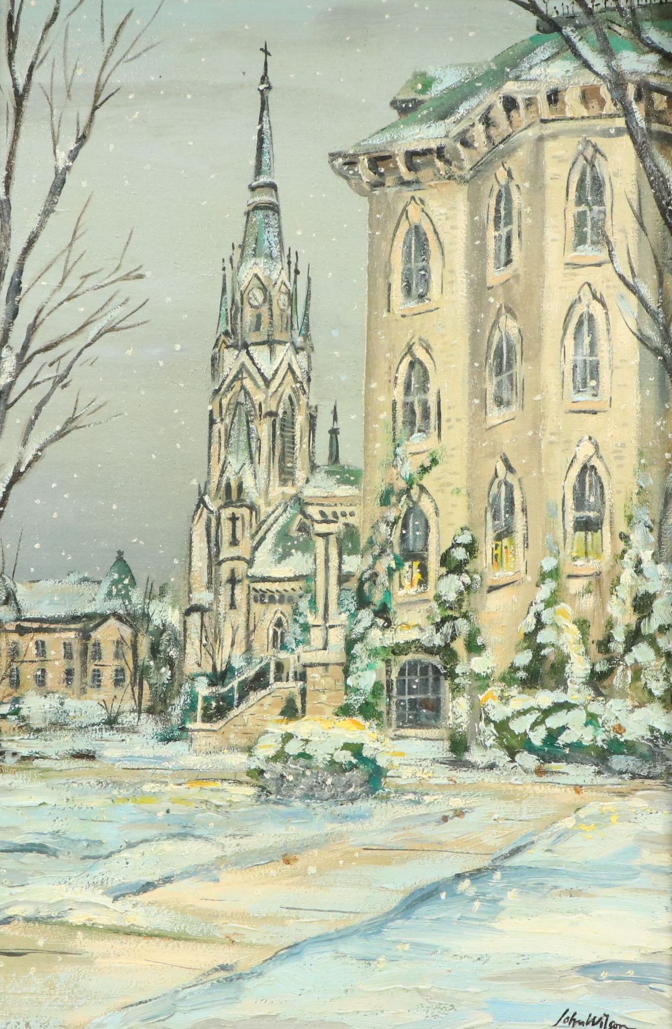 John Wilson Winter Cityscape Oil Painting, Late 20th/21st Century