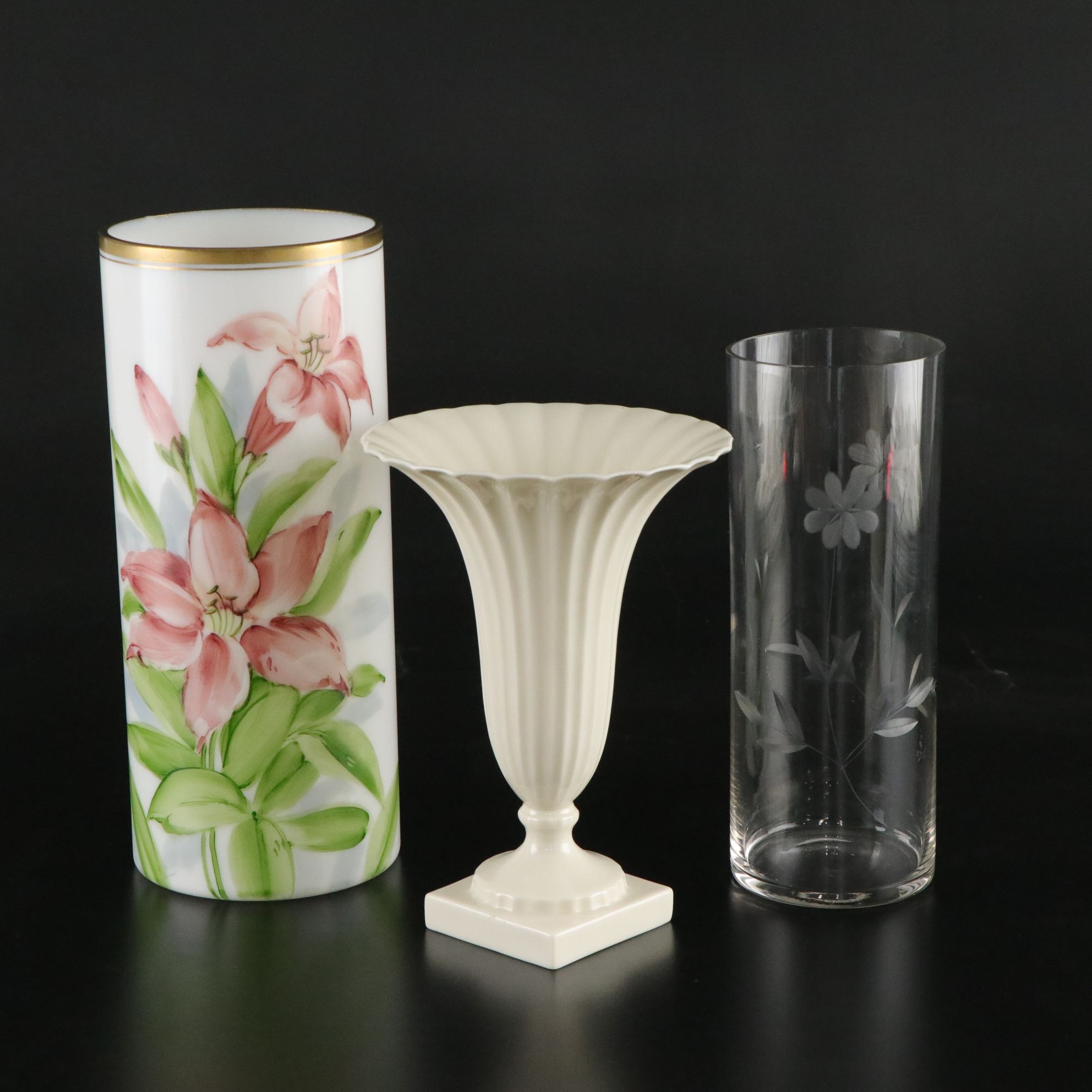 Lenox "Regal" Trumpet Vase with DeLuxe Milk Glass & Etched Glass Cylinder Vases