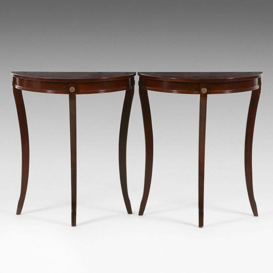 Pair of Bombay Company Mahogany Finish Demilune Console Tables