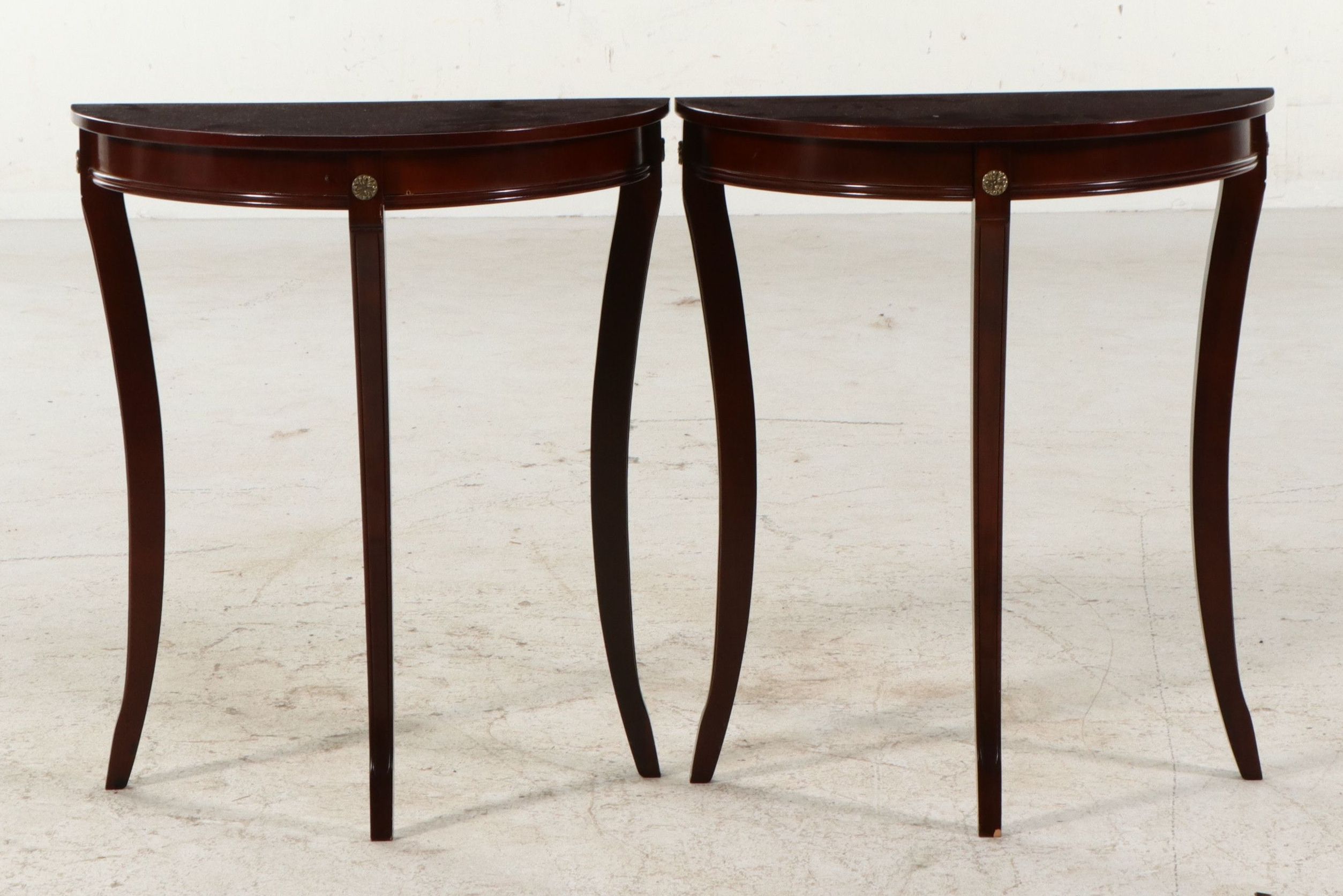 Pair of Bombay Company Mahogany Finish Demilune Console Tables