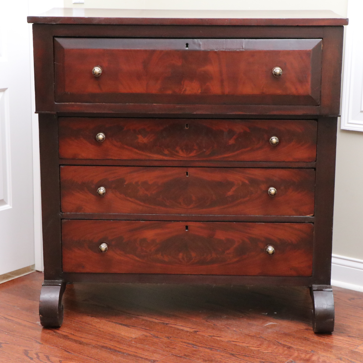American Empire Flame Mahogany Four-Drawer Chest, 19th Century