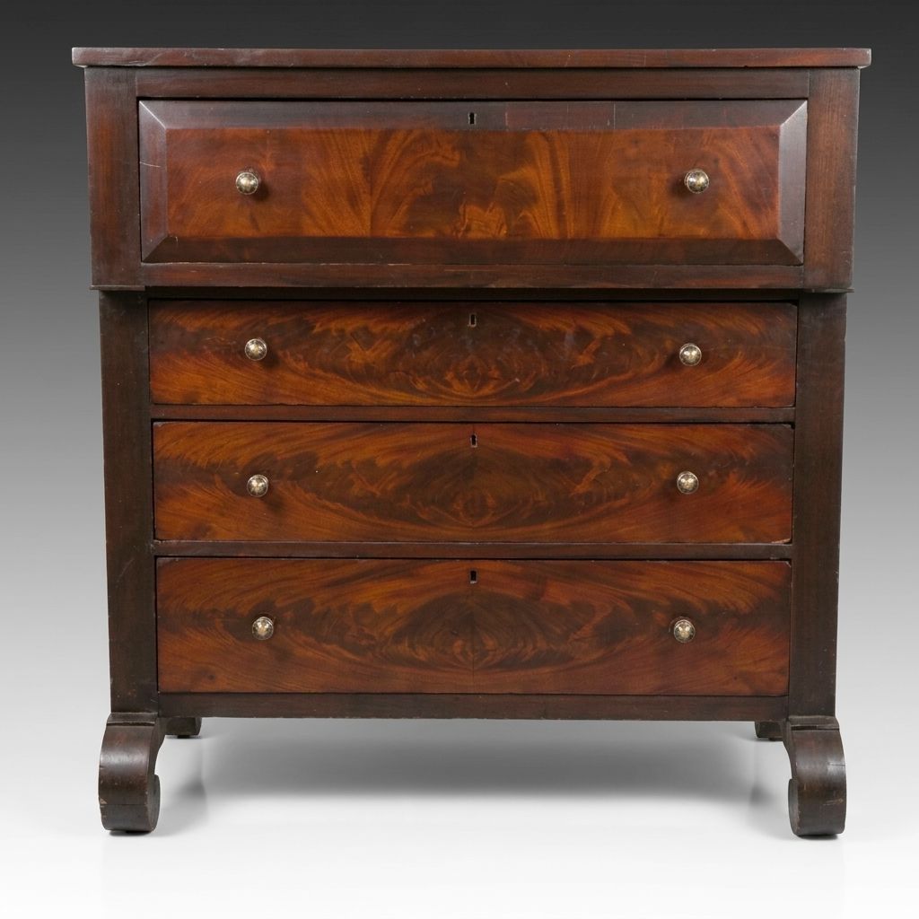American Empire Flame Mahogany Four-Drawer Chest, 19th Century