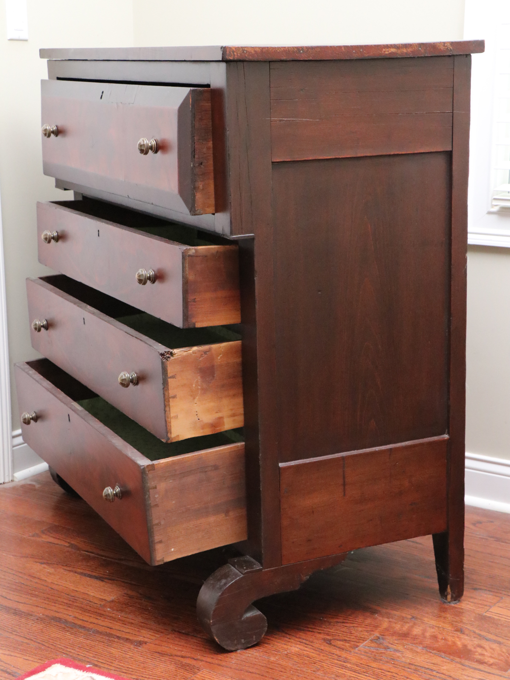 American Empire Flame Mahogany Four-Drawer Chest, 19th Century