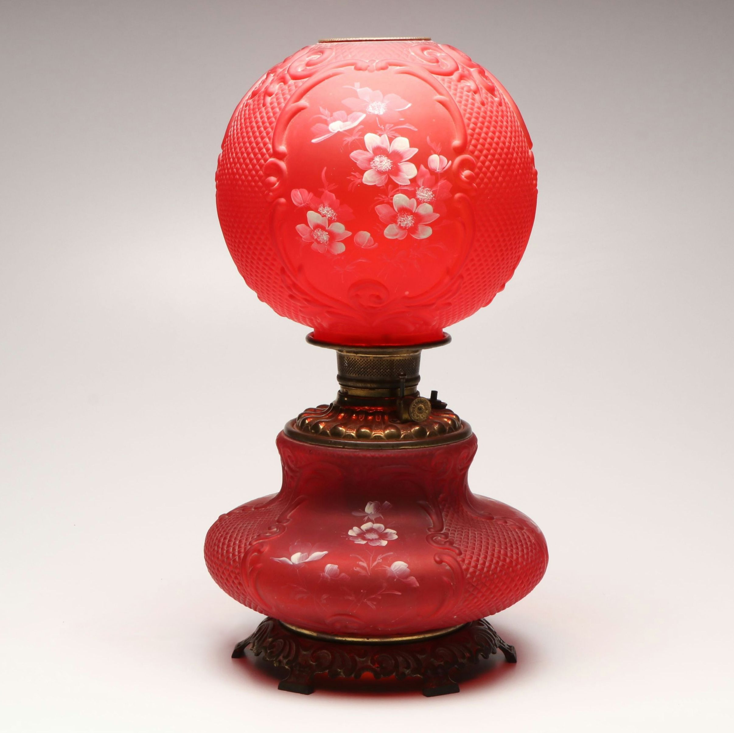 Victorian Paint-Decorated Ruby Glass Parlor Lamp, Adapted Mid-20th Century