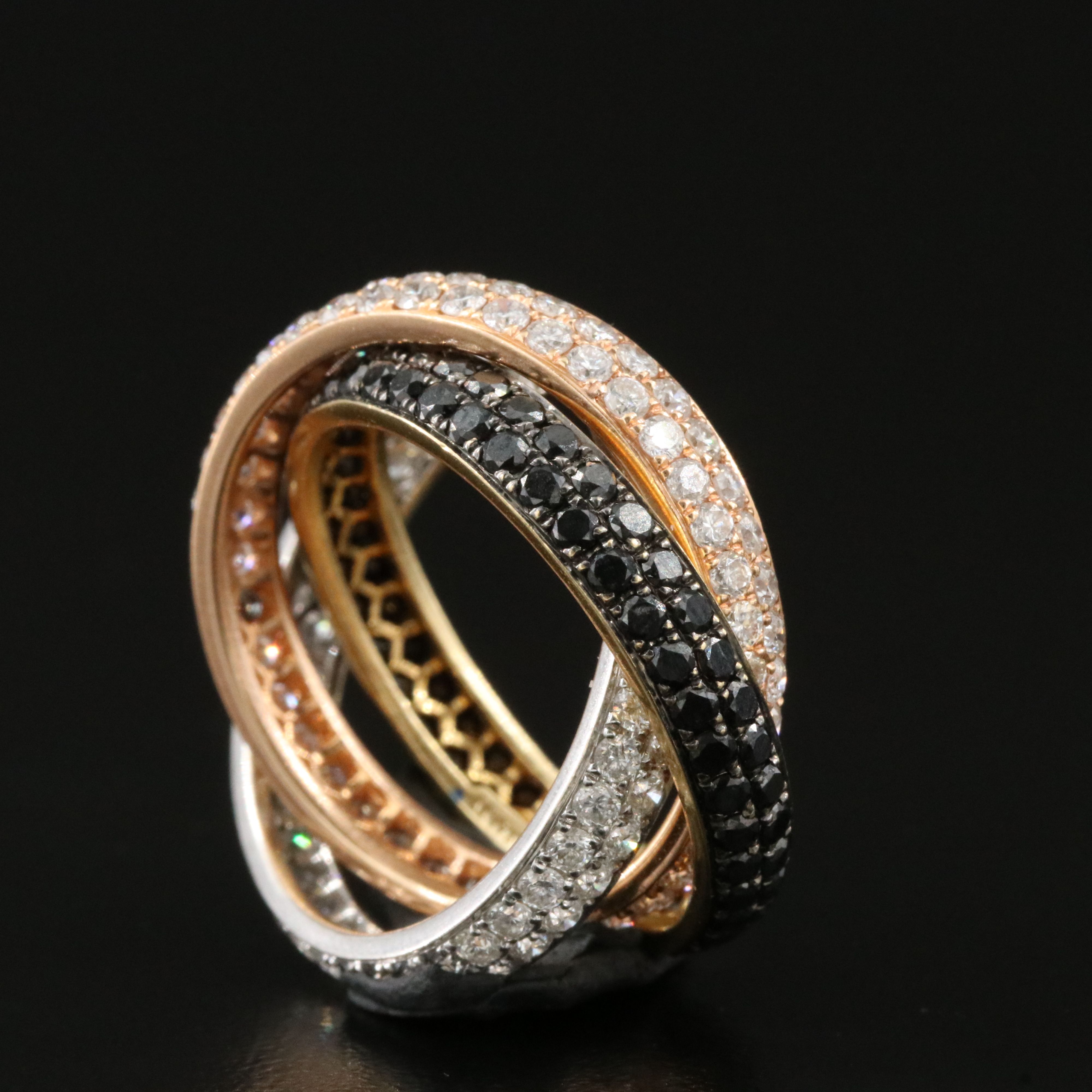 18K Tri-Color 4.30 CTW Diamond Rolling Eternity Ring  Featuring Fancy Black