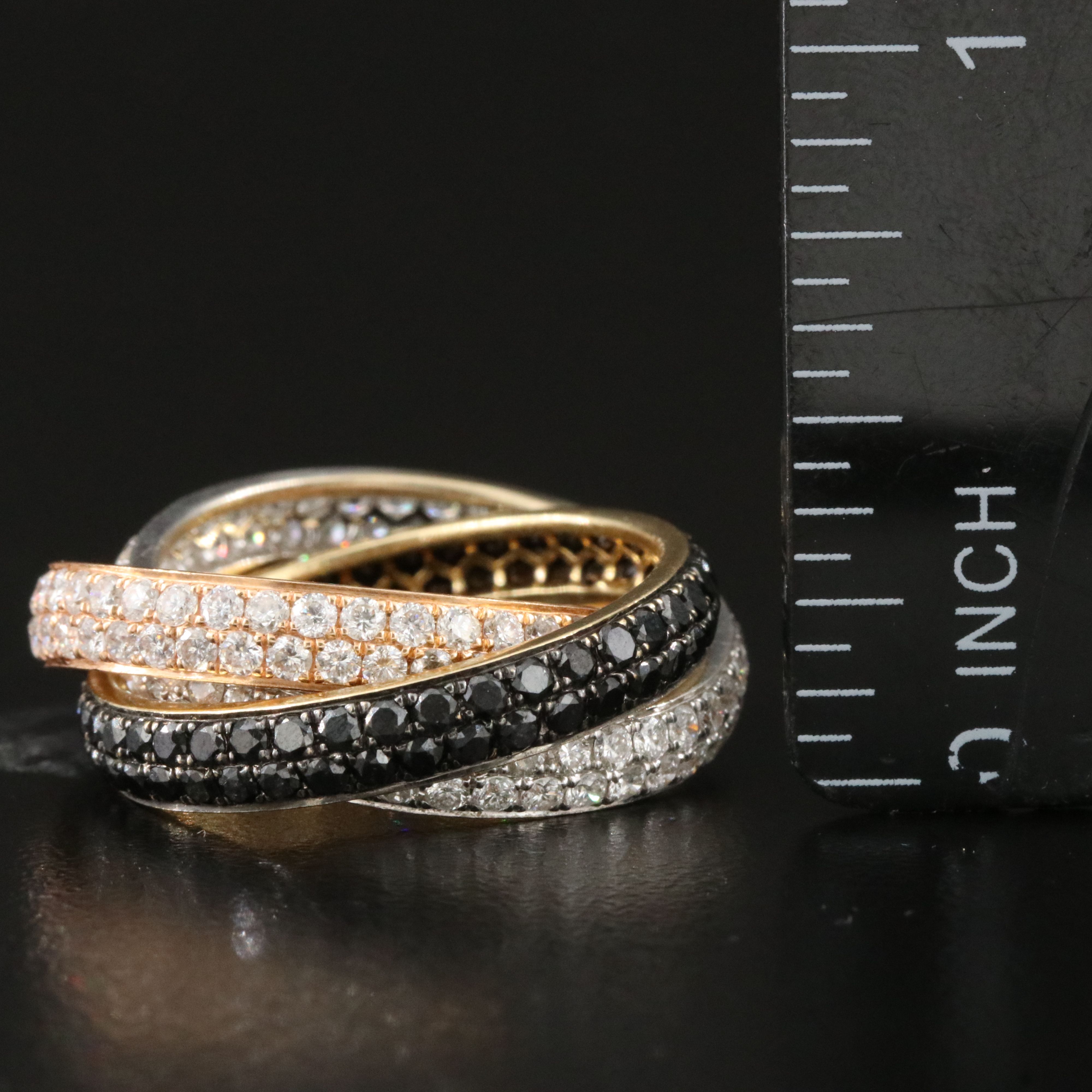 18K Tri-Color 4.30 CTW Diamond Rolling Eternity Ring  Featuring Fancy Black
