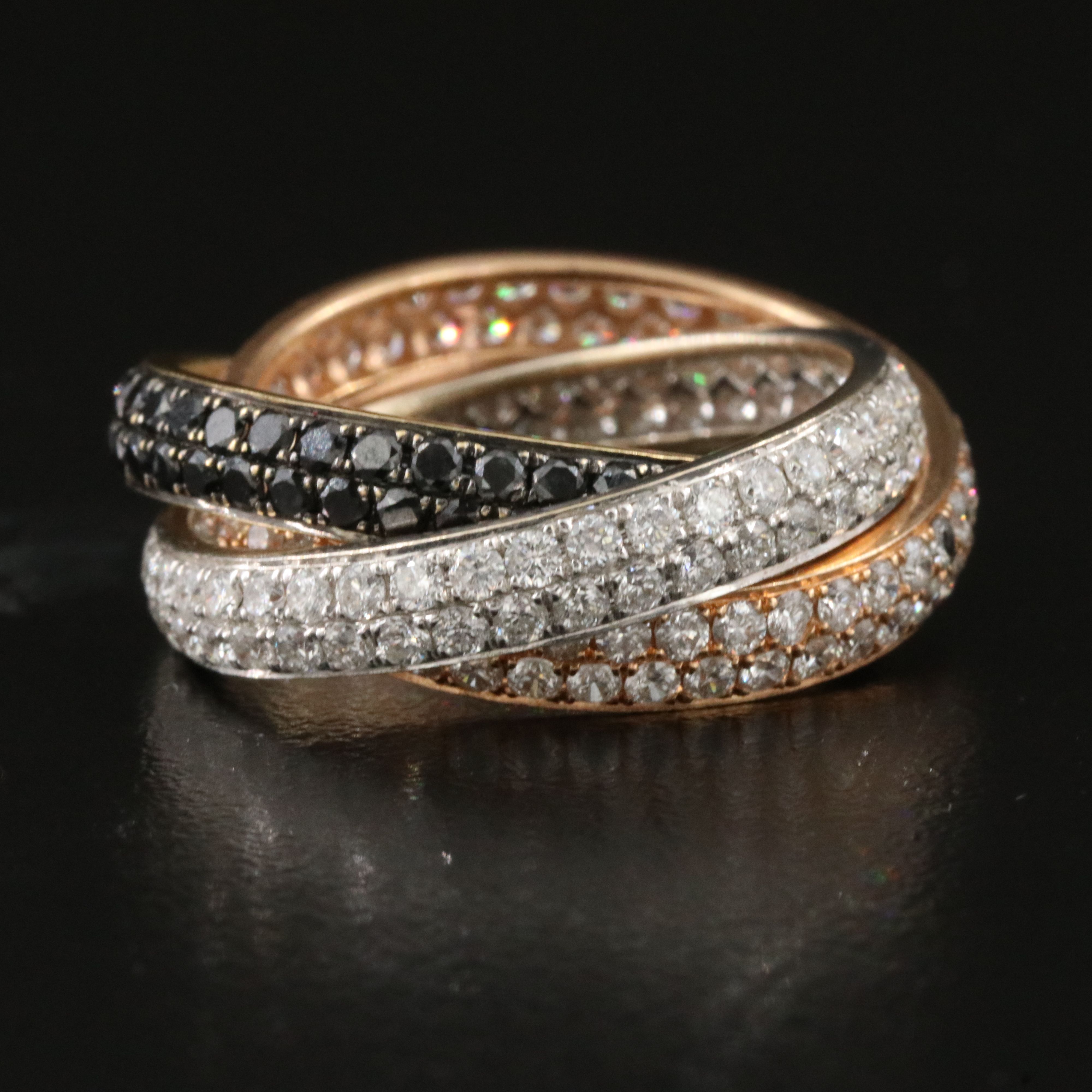 18K Tri-Color 4.30 CTW Diamond Rolling Eternity Ring  Featuring Fancy Black