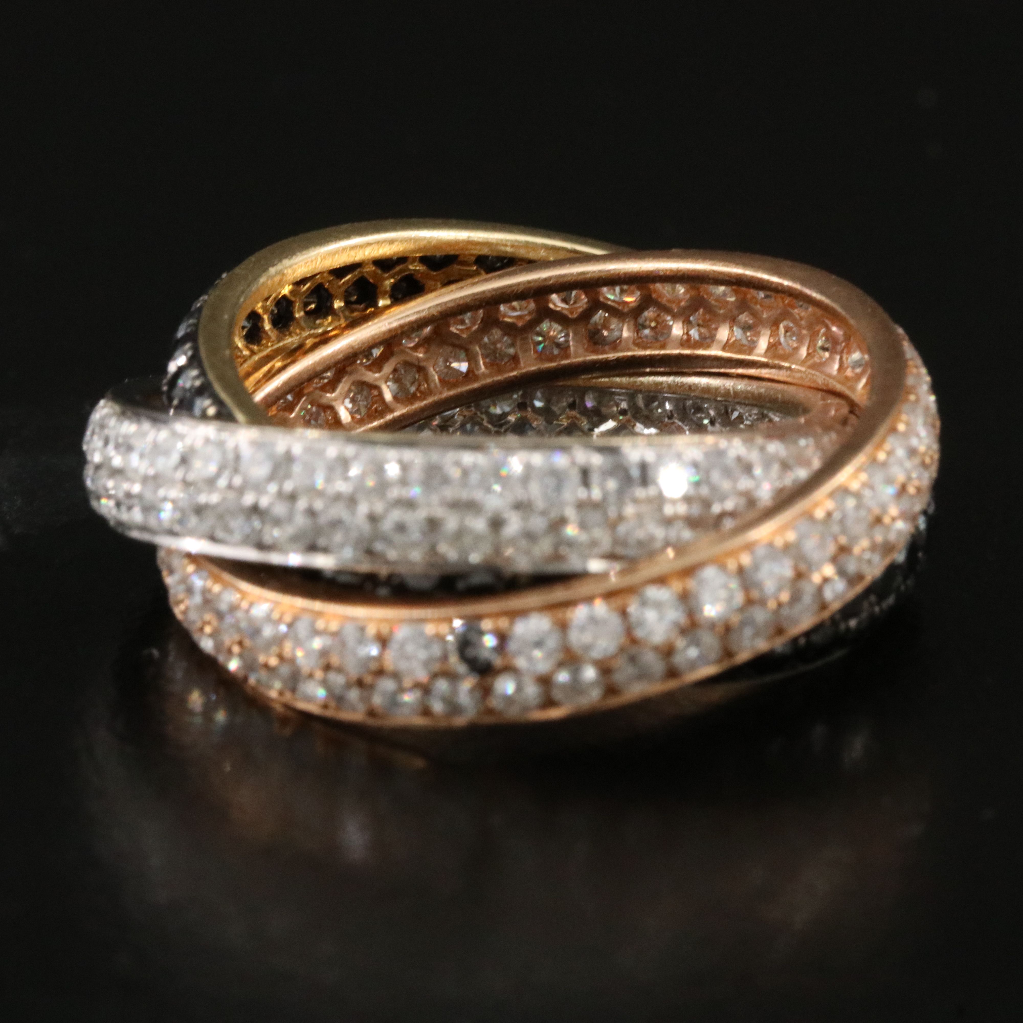18K Tri-Color 4.30 CTW Diamond Rolling Eternity Ring  Featuring Fancy Black
