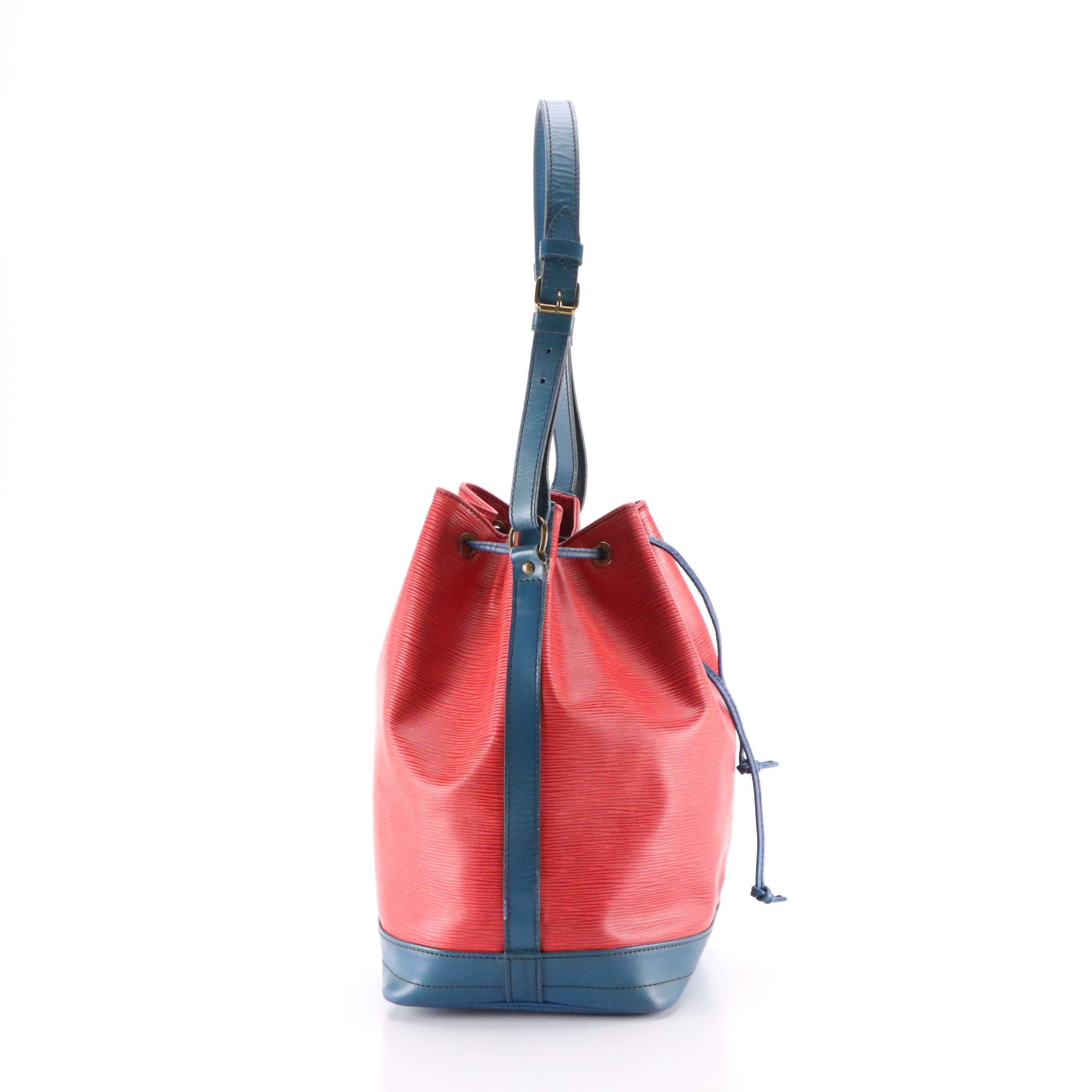 Louis Vuitton Noé Drawstring Bucket Bag in Red Epi and Blue Smooth Leather