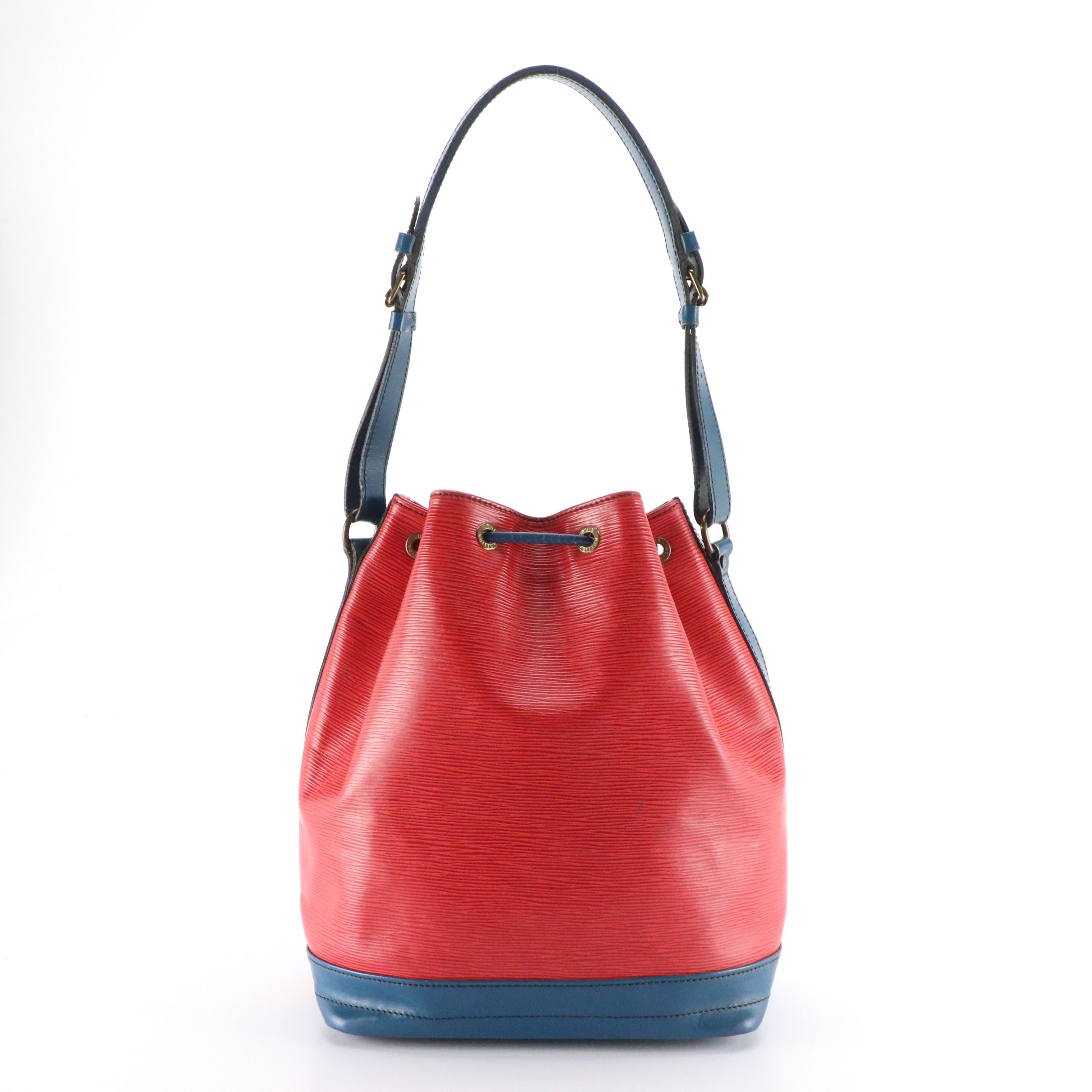 Louis Vuitton Noé Drawstring Bucket Bag in Red Epi and Blue Smooth Leather