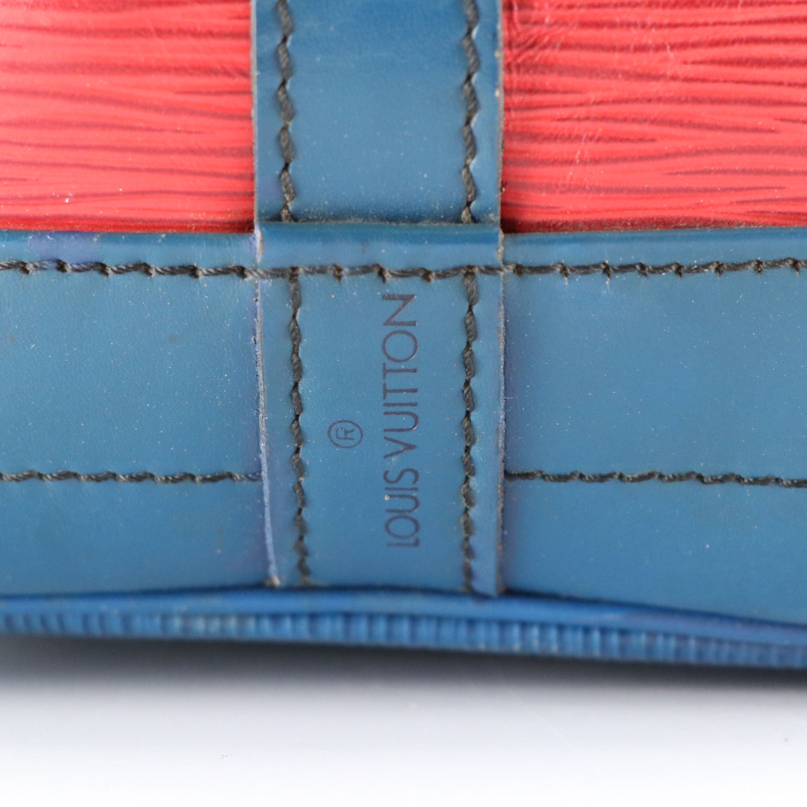 Louis Vuitton Noé Drawstring Bucket Bag in Red Epi and Blue Smooth Leather