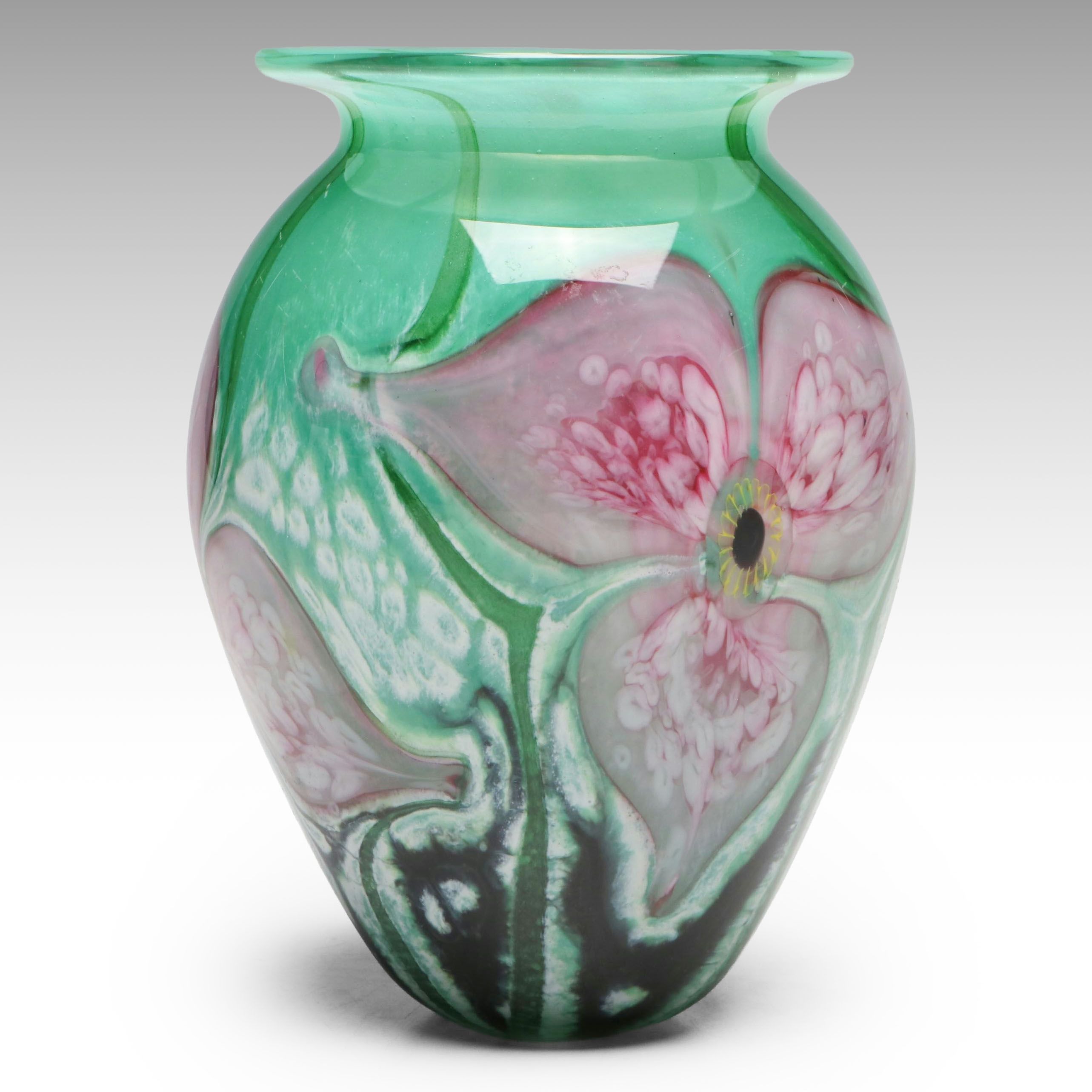 Robert Eickholt Hand-Blown Floral Art Glass Vase, Late 20th to 21st Century