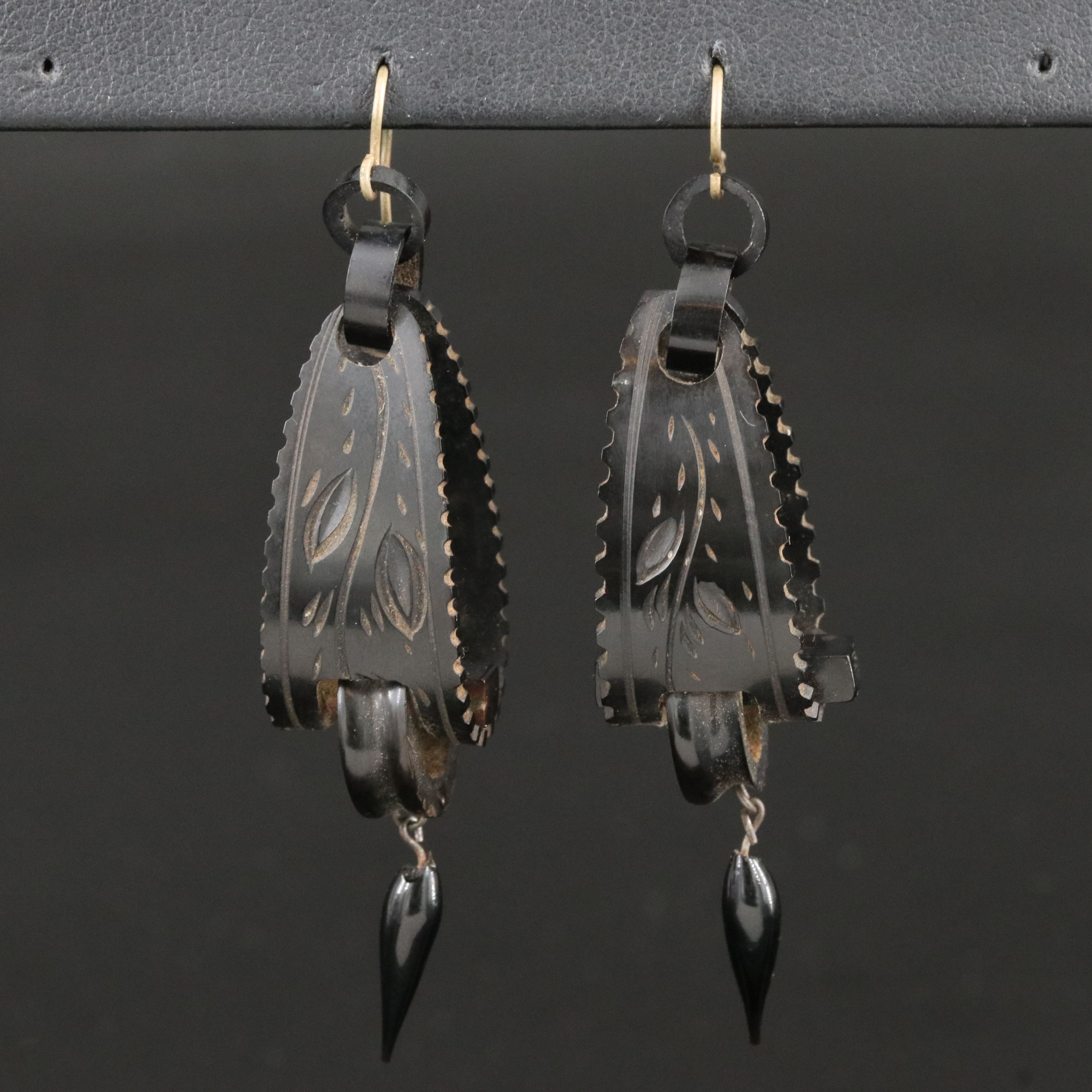 Victorian Carved Vulcanite and French Jet Earrings