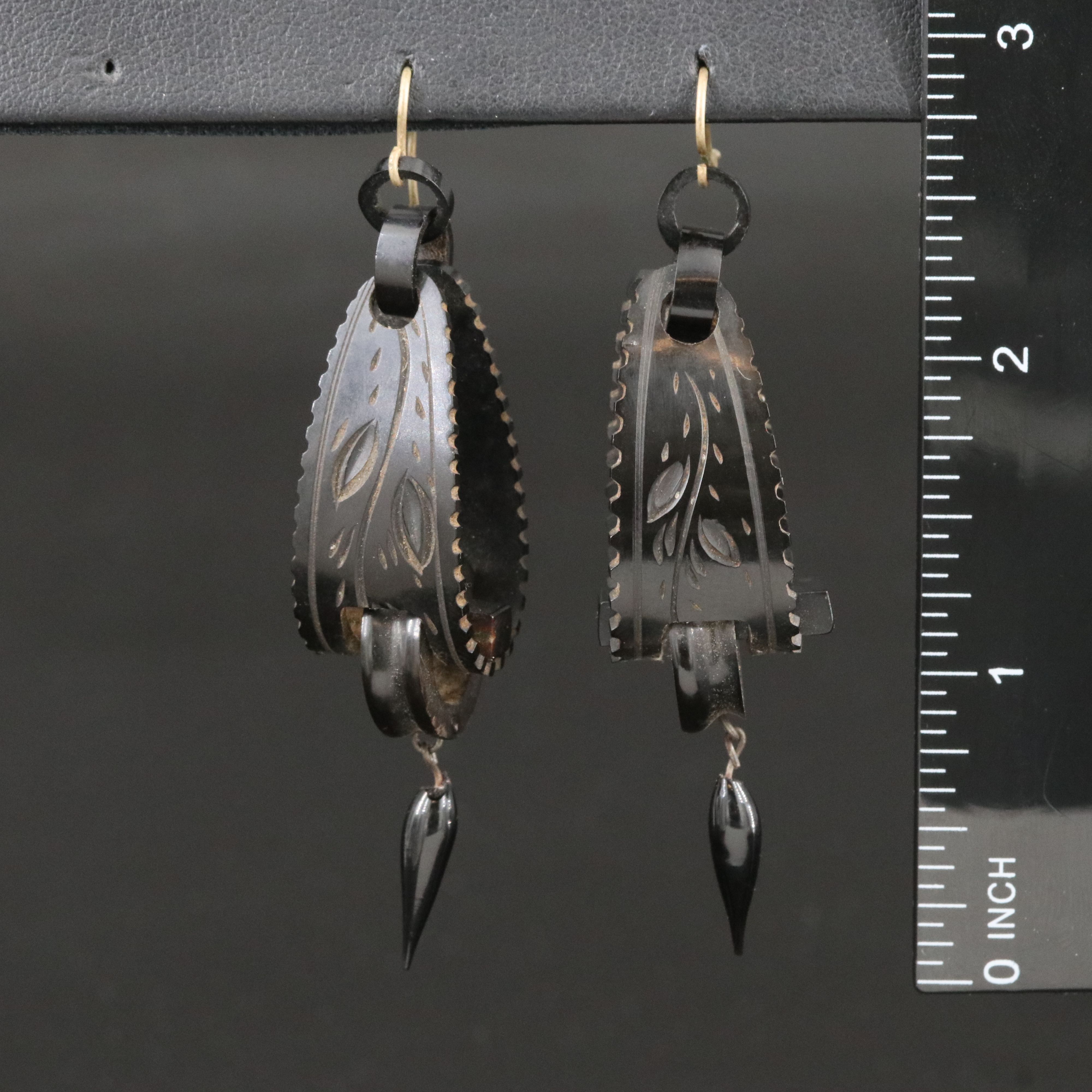 Victorian Carved Vulcanite and French Jet Earrings