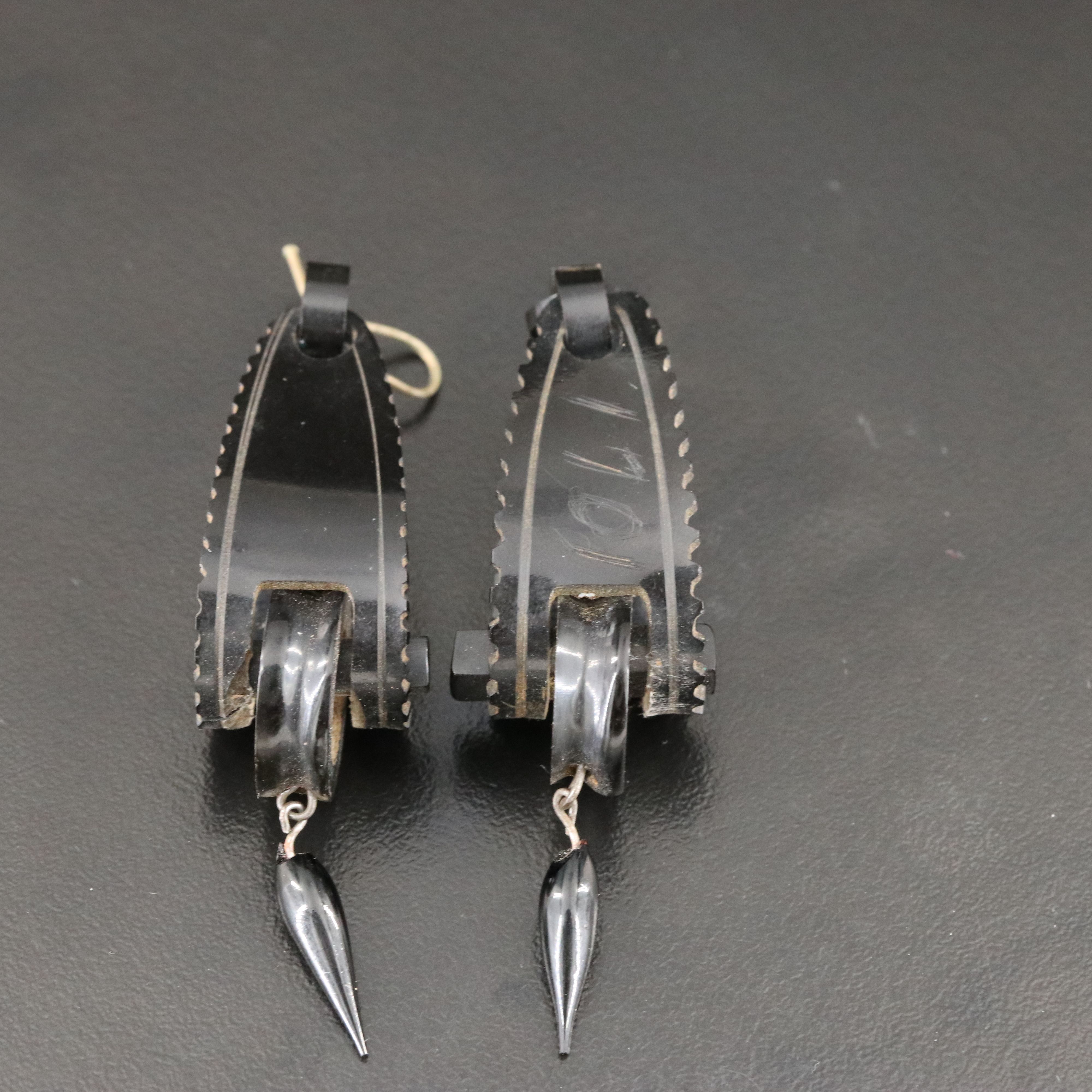 Victorian Carved Vulcanite and French Jet Earrings