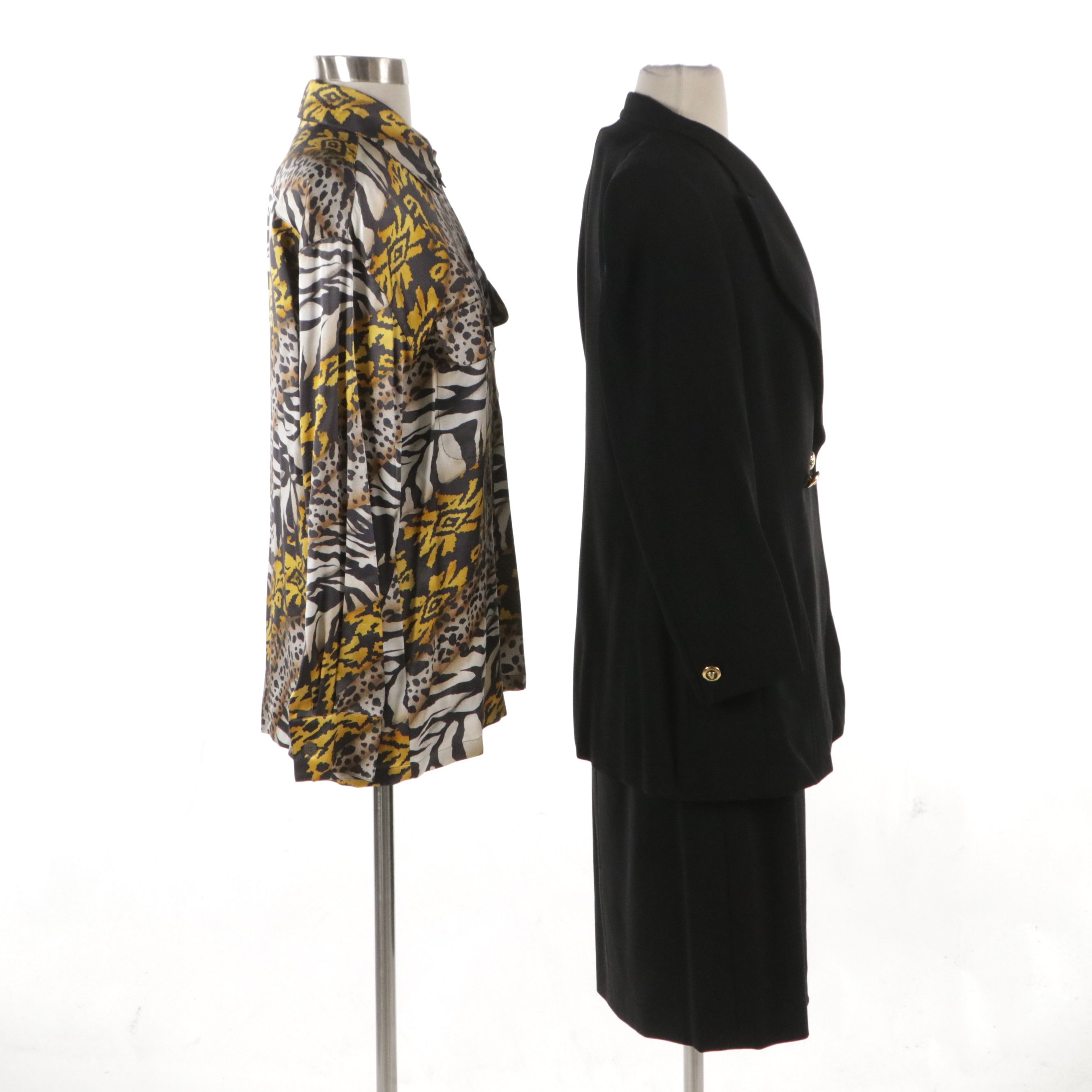 Escada Animal Print Silk Blouse and Wool Blend Three-Piece Skirt Suit, With Tags