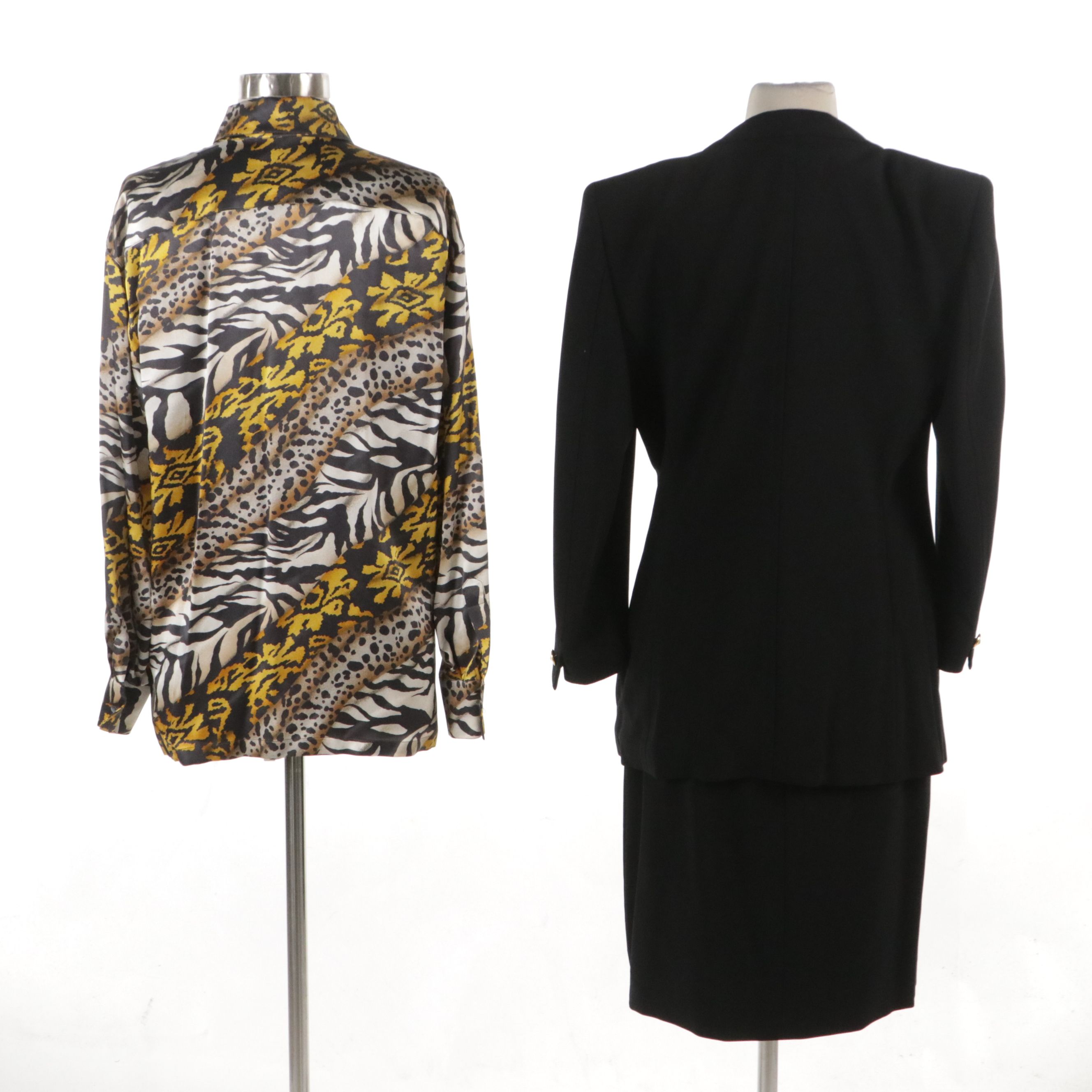Escada Animal Print Silk Blouse and Wool Blend Three-Piece Skirt Suit, With Tags