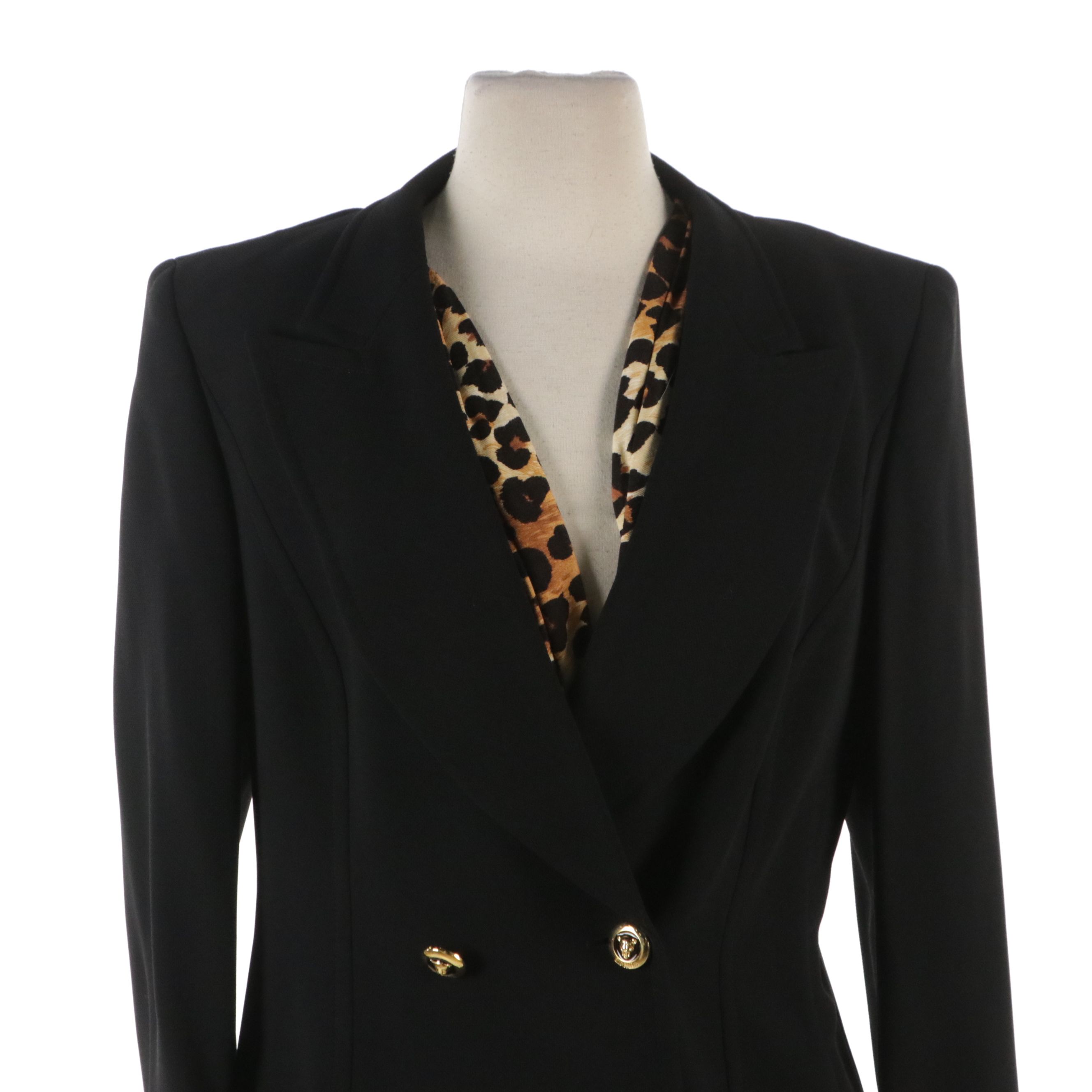 Escada Animal Print Silk Blouse and Wool Blend Three-Piece Skirt Suit, With Tags