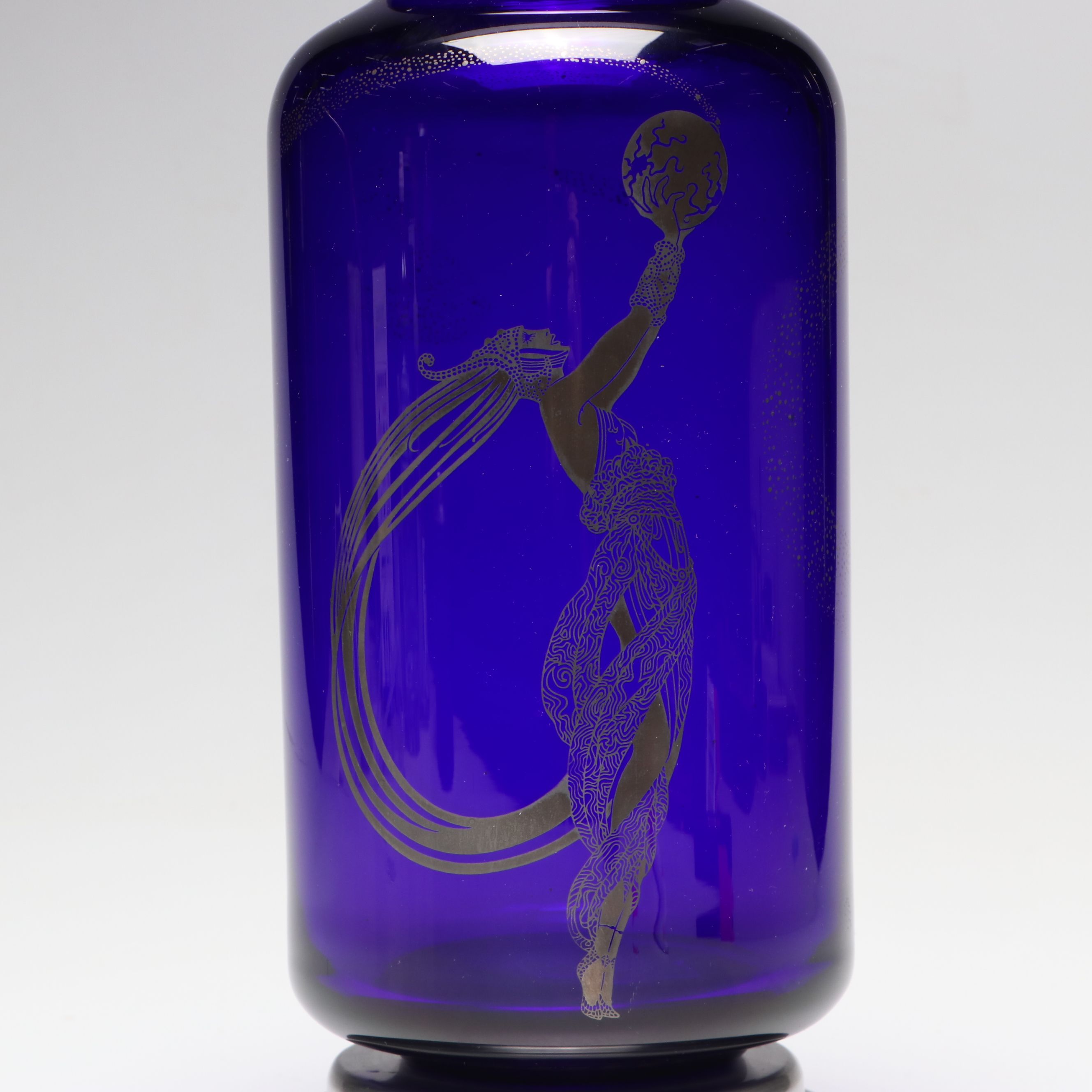 Erté for Franklin Mint "Fireflies" Cobalt Glass and Metal Vase, 1980s