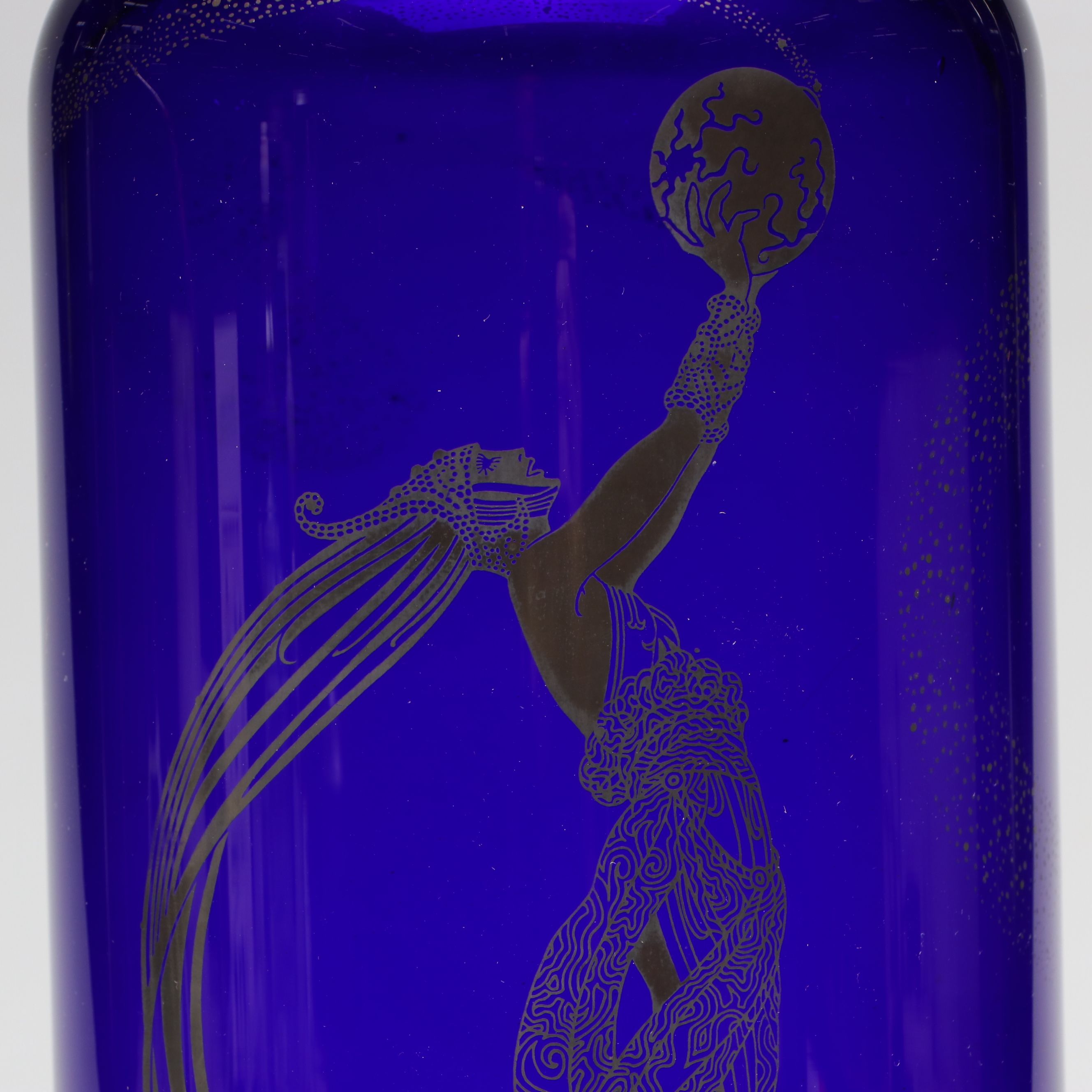 Erté for Franklin Mint "Fireflies" Cobalt Glass and Metal Vase, 1980s