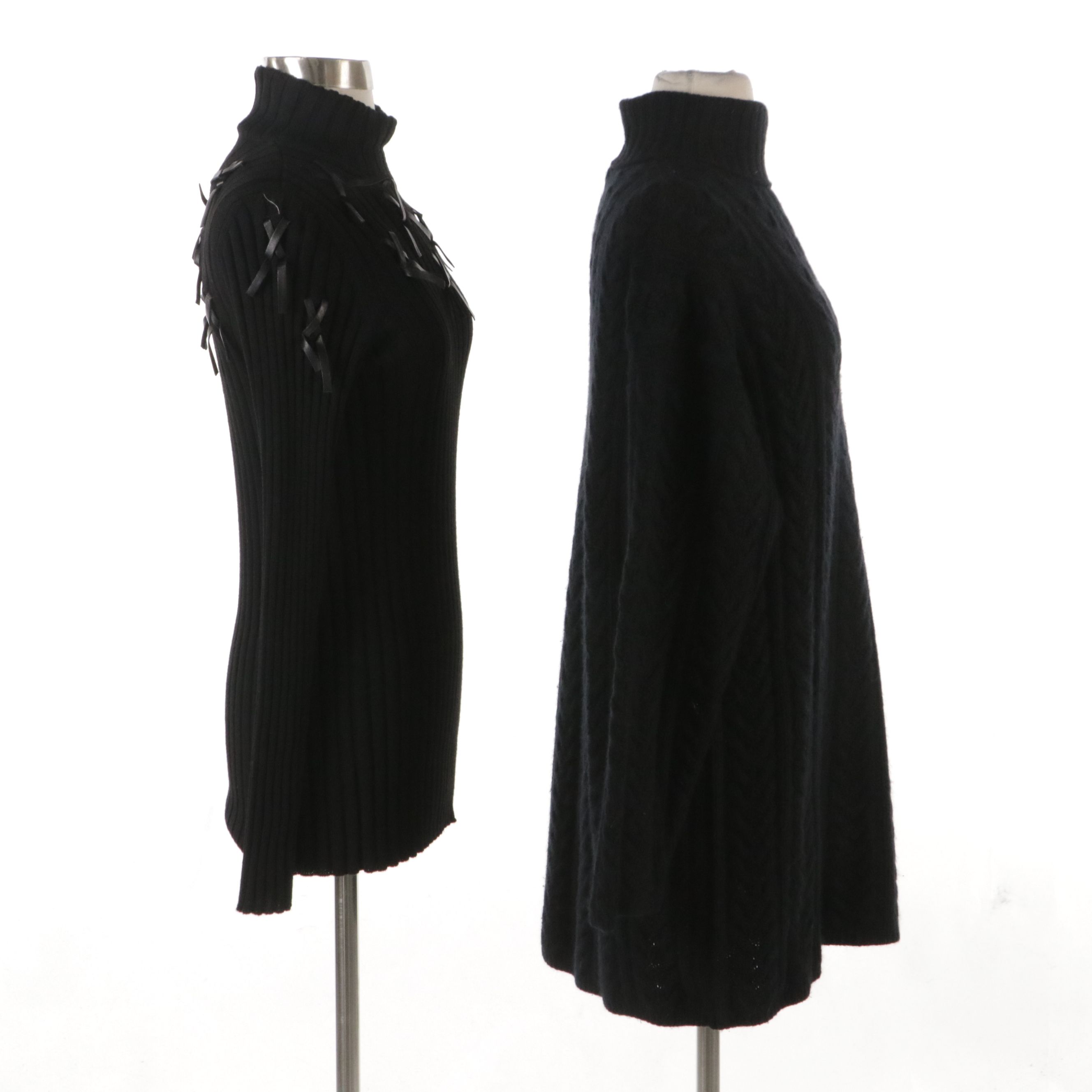 TSE Black Cashmere Cable Knit Turtleneck, Rena Lange Ribbed Wool Bow Sweater