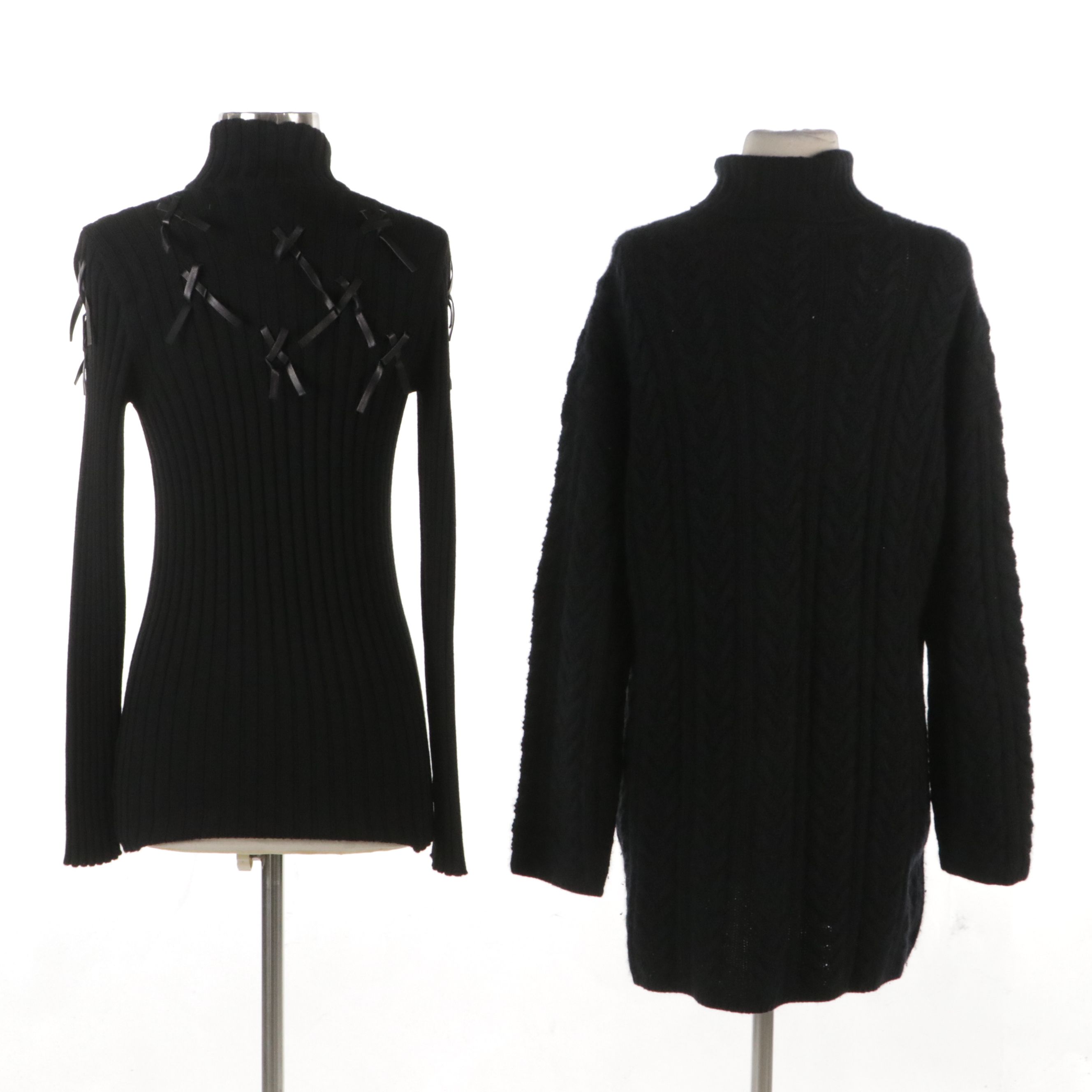 TSE Black Cashmere Cable Knit Turtleneck, Rena Lange Ribbed Wool Bow Sweater