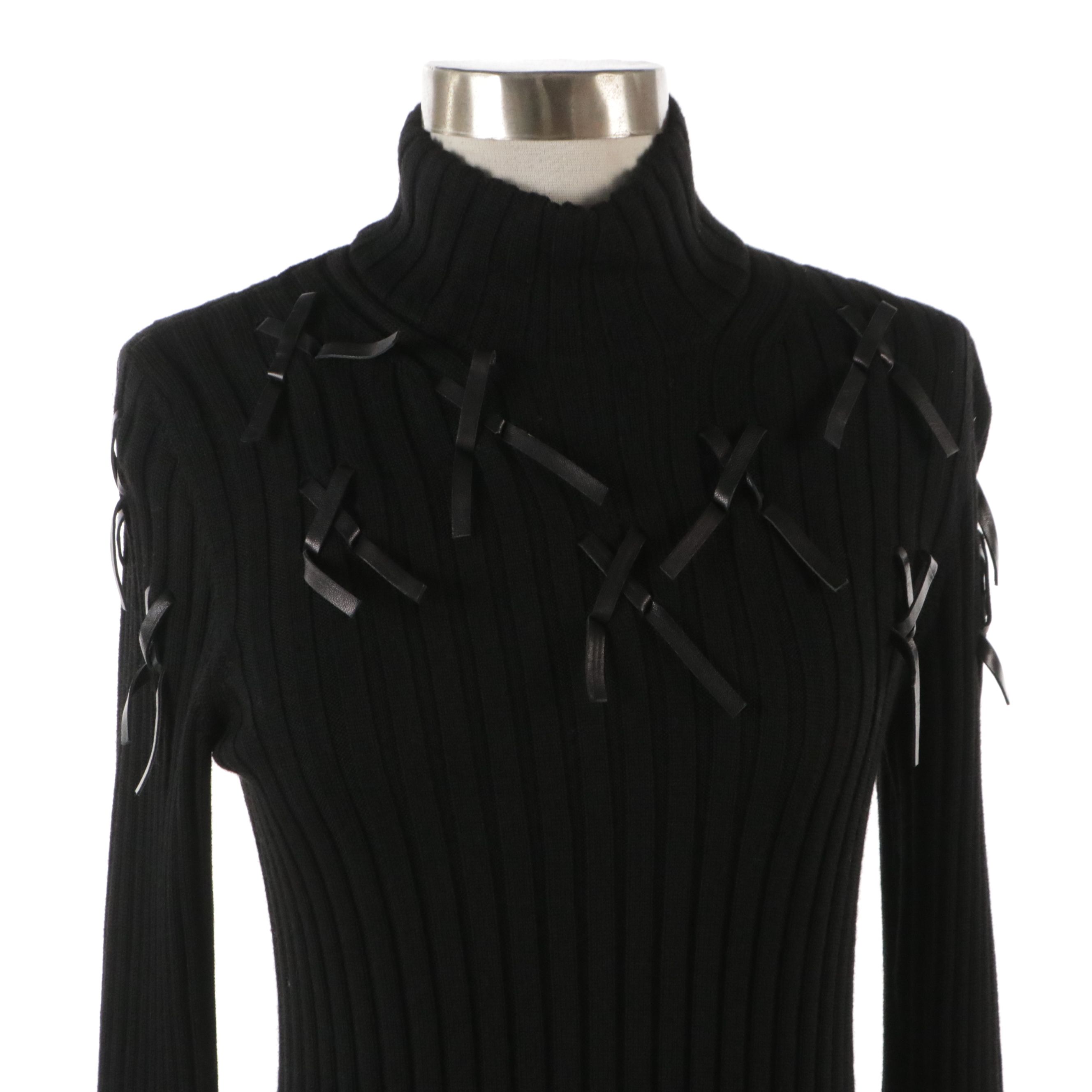 TSE Black Cashmere Cable Knit Turtleneck, Rena Lange Ribbed Wool Bow Sweater