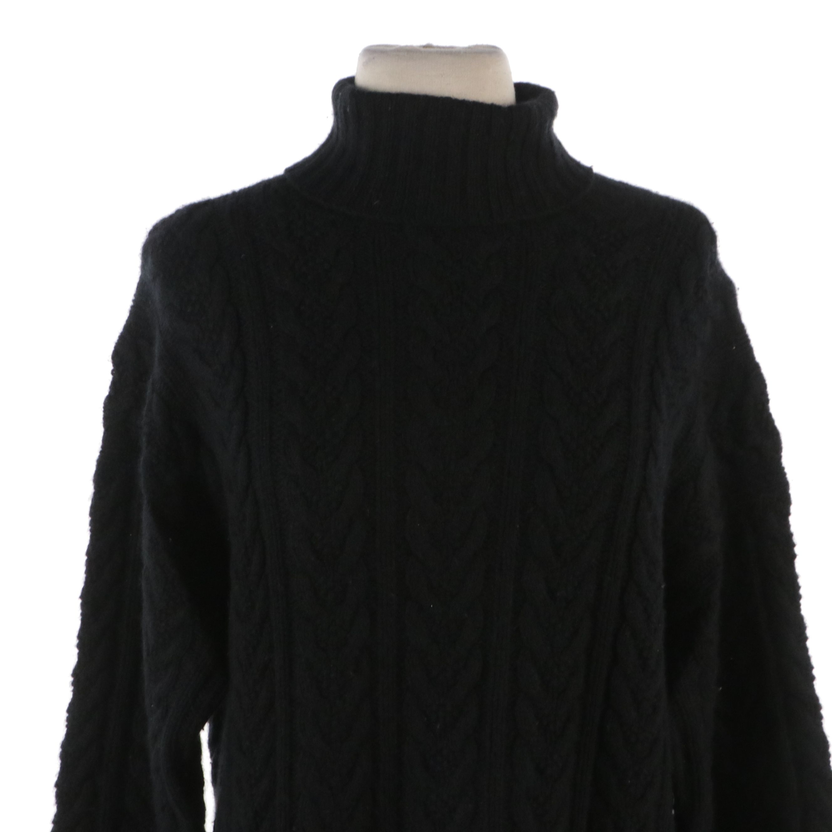 TSE Black Cashmere Cable Knit Turtleneck, Rena Lange Ribbed Wool Bow Sweater