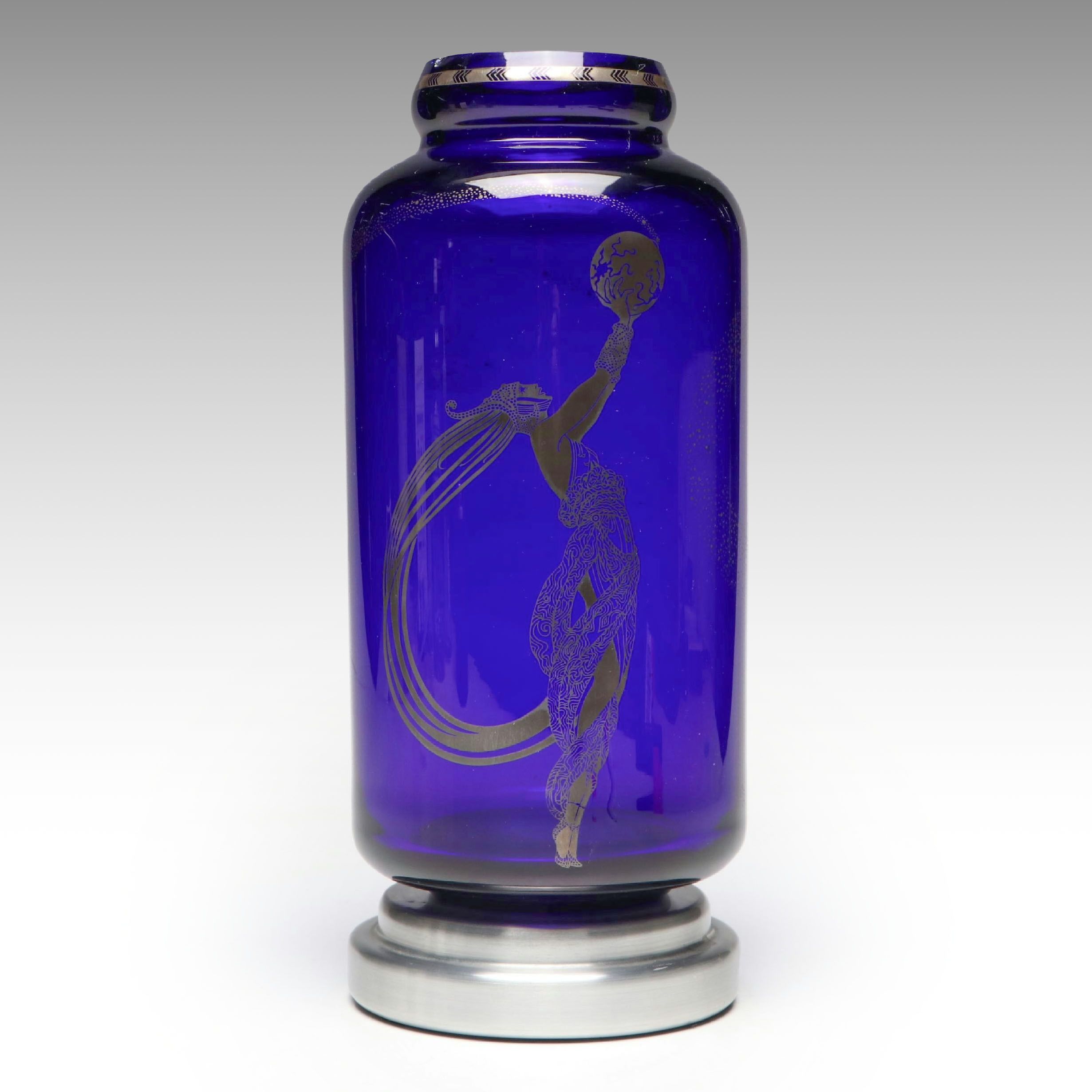 Erté for Franklin Mint "Fireflies" Cobalt Glass and Metal Vase, 1980s