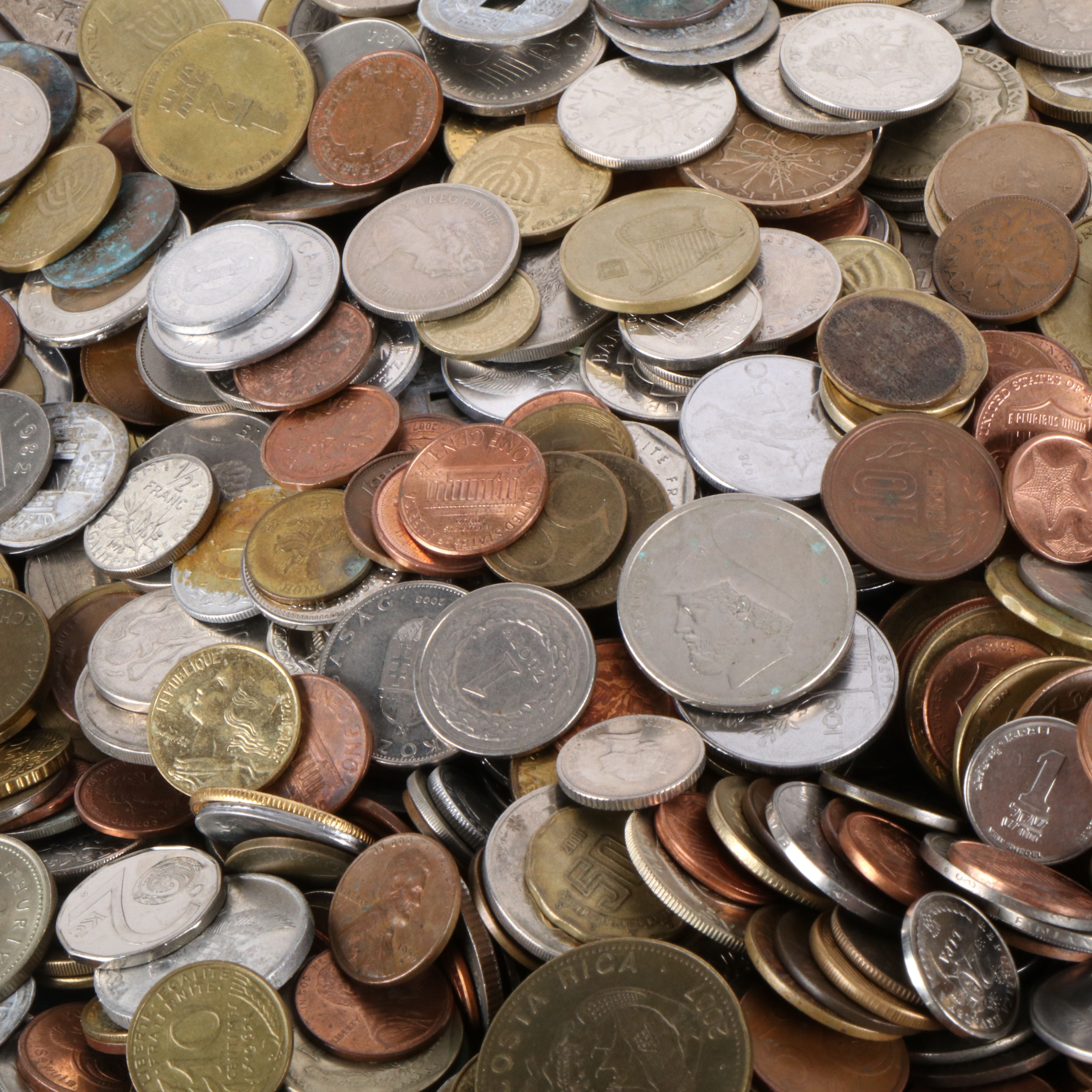 Collection of 22 Pounds of Foreign Coins and 50 Foreign Currency Notes