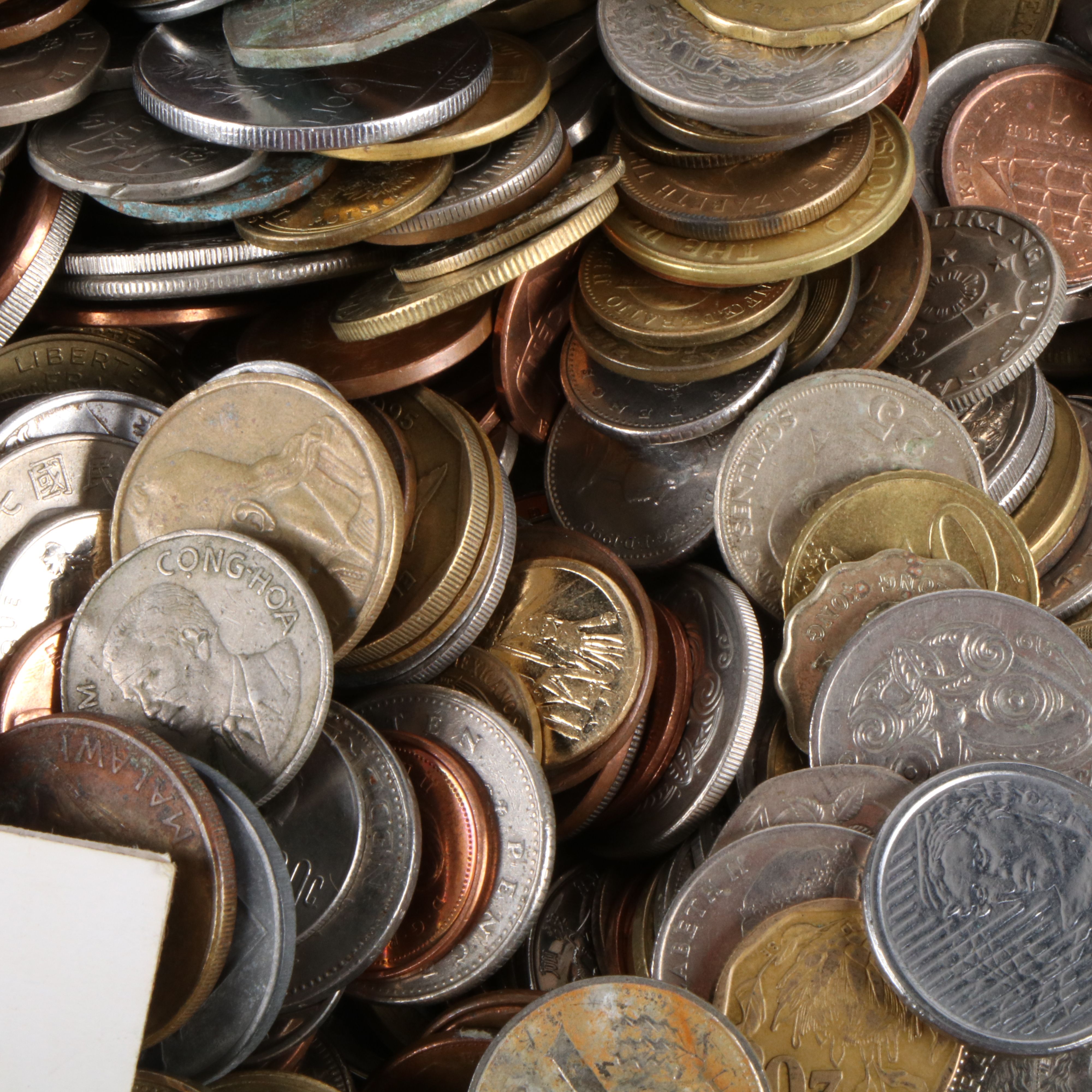 Collection of 22 Pounds of Foreign Coins and 50 Foreign Currency Notes