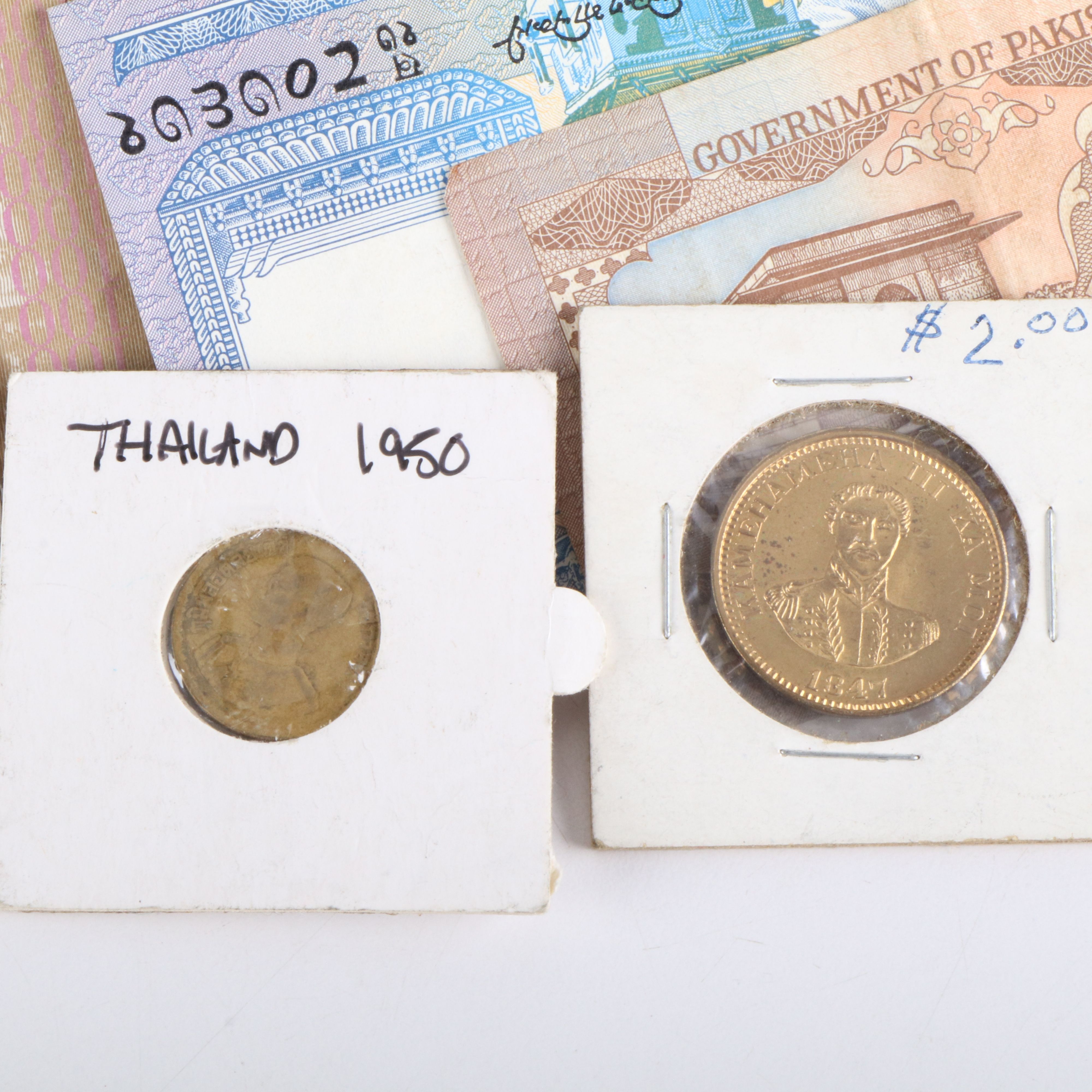 Collection of 22 Pounds of Foreign Coins and 50 Foreign Currency Notes