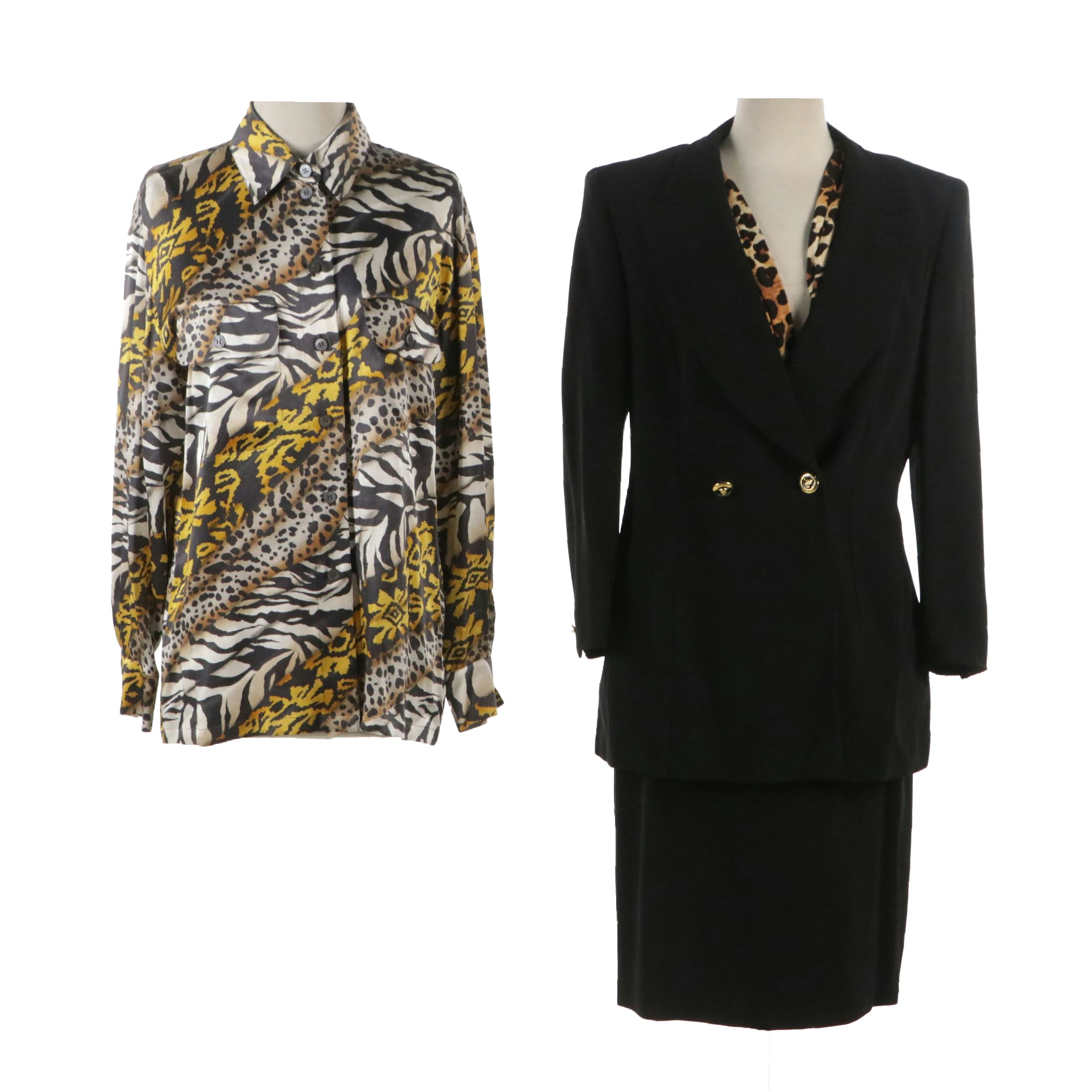 Escada Animal Print Silk Blouse and Wool Blend Three-Piece Skirt Suit, With Tags