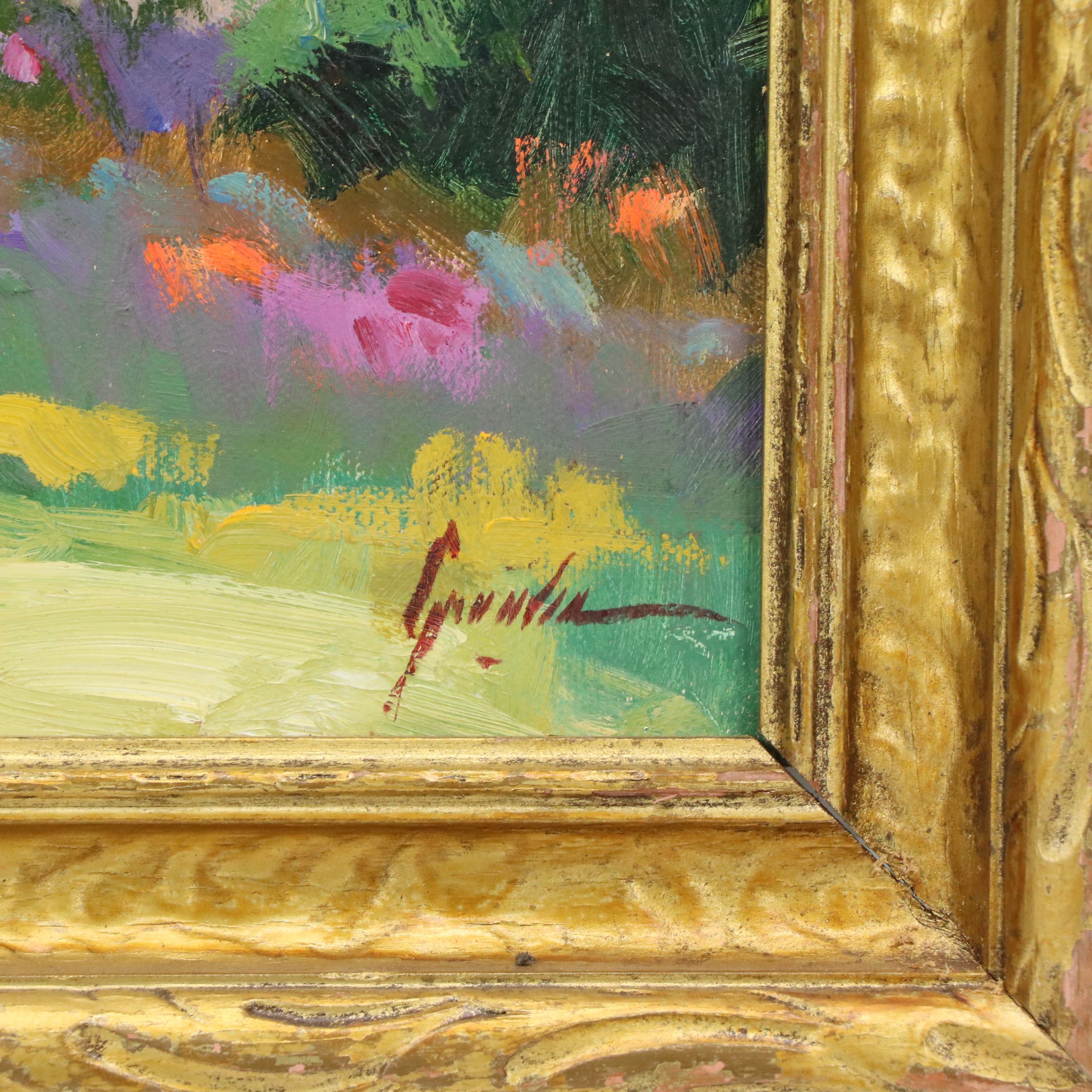 Verdant Landscape Oil Painting of House Exterior, Late 20th Century