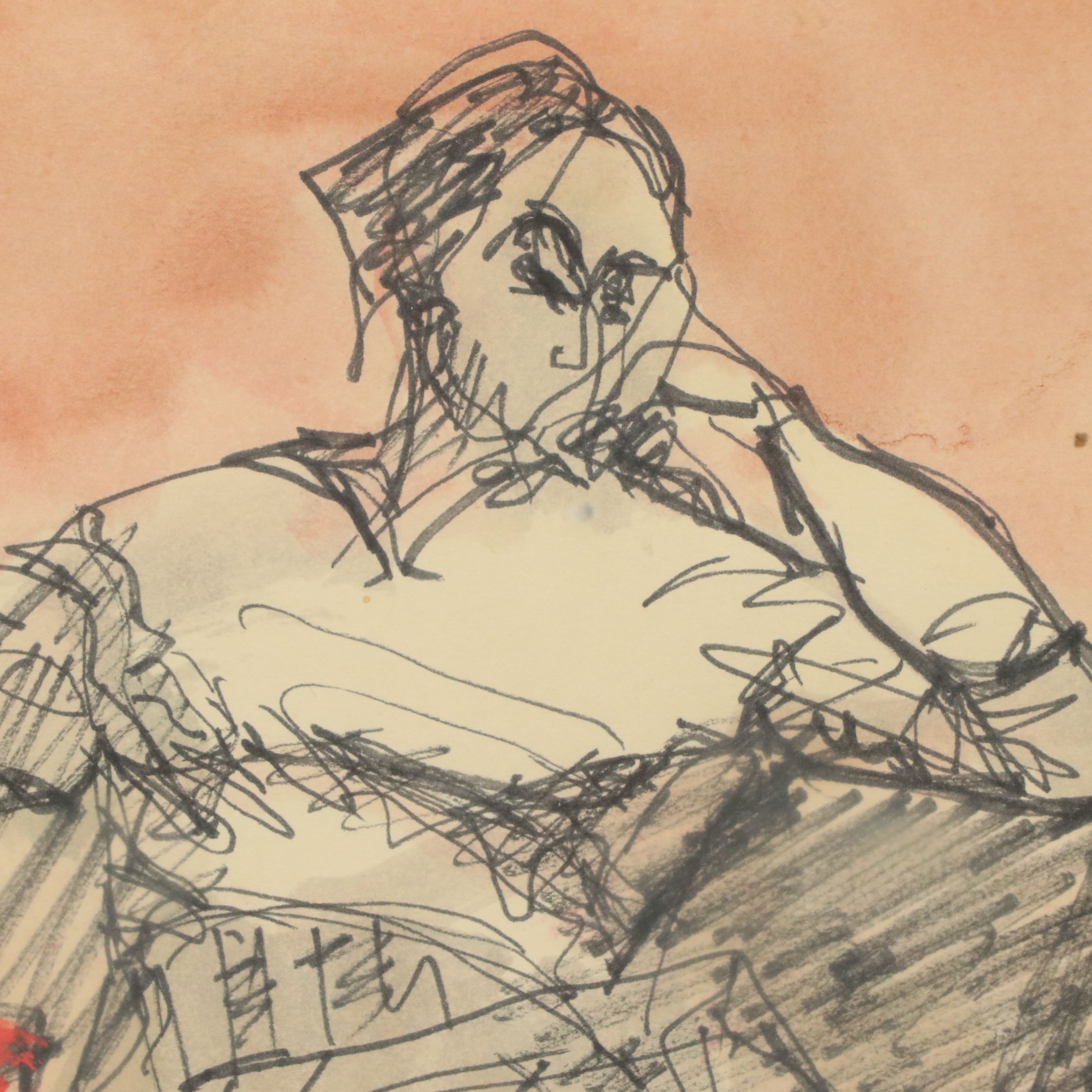 Mixed Media Drawing of Seated Figure in Interior Scene