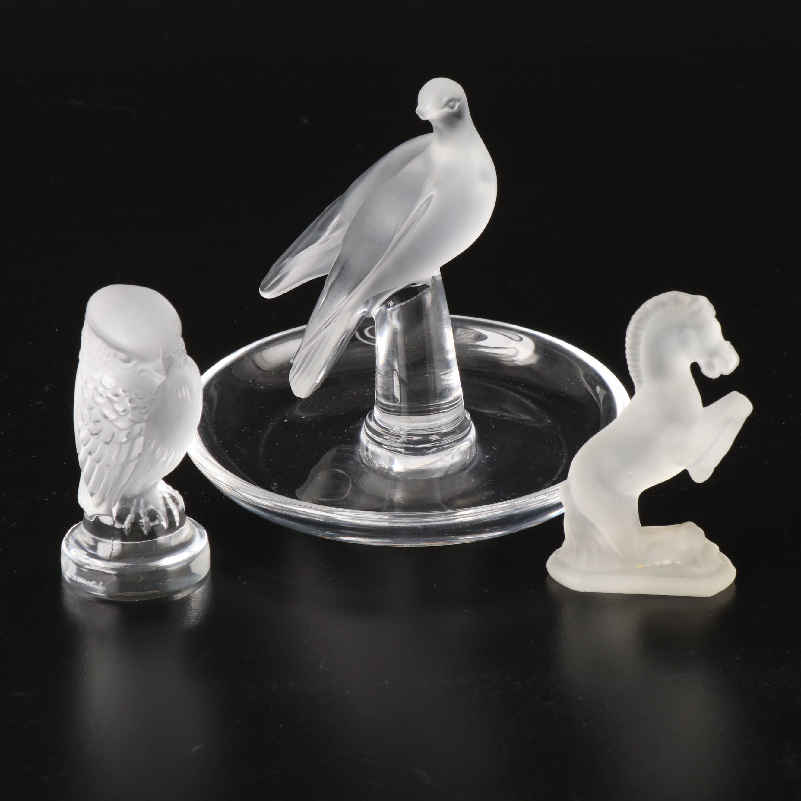 Lalique Crystal Dove Ring Dish and Owl  with Horse Figurine
