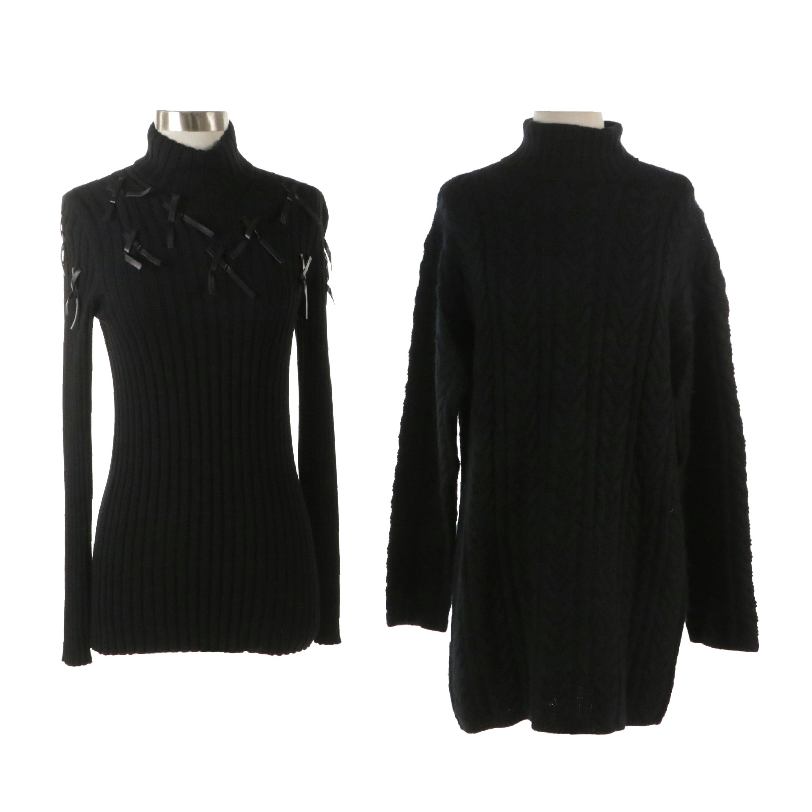 TSE Black Cashmere Cable Knit Turtleneck, Rena Lange Ribbed Wool Bow Sweater