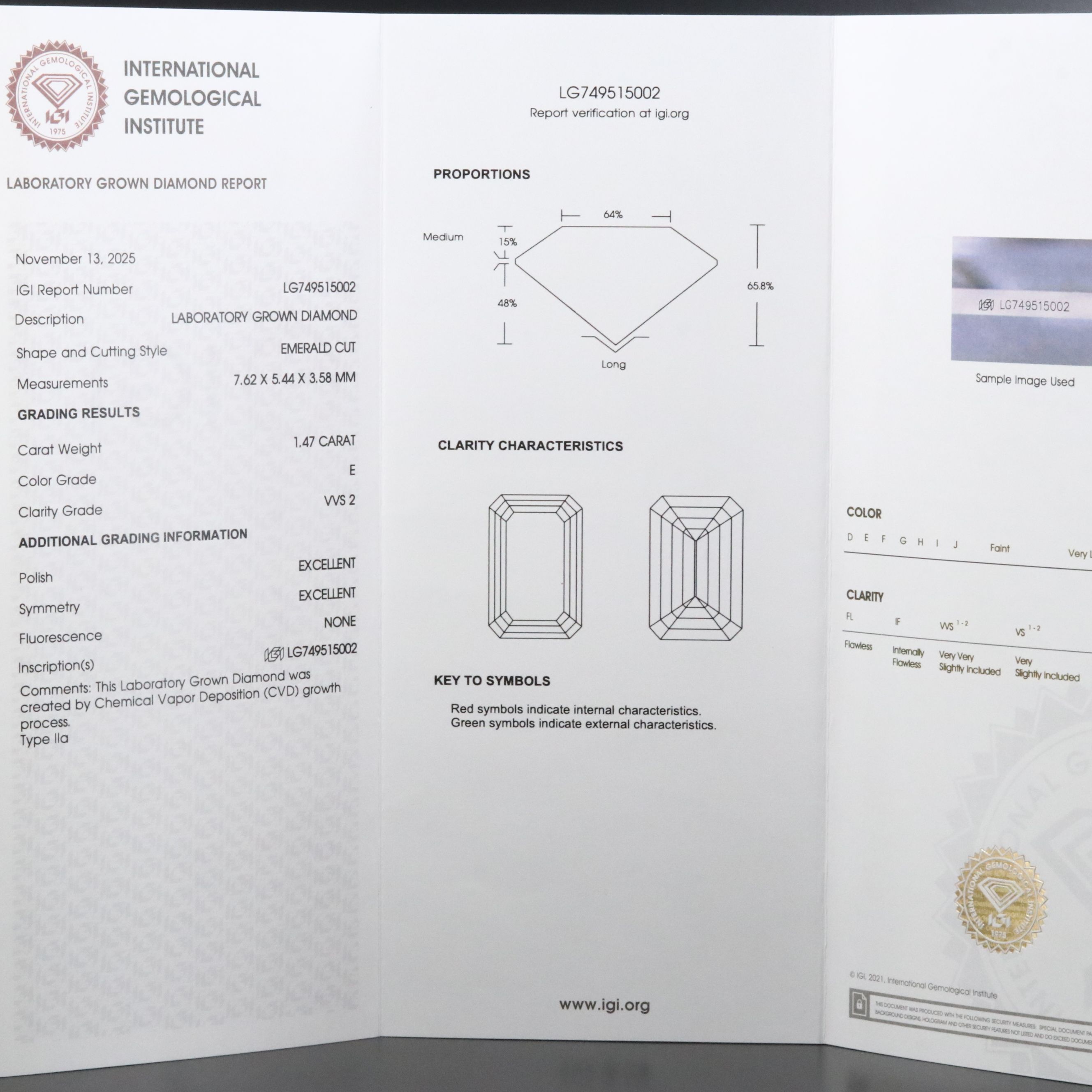 Loose 1.47 CT Lab Grown Diamond with IGI Report
