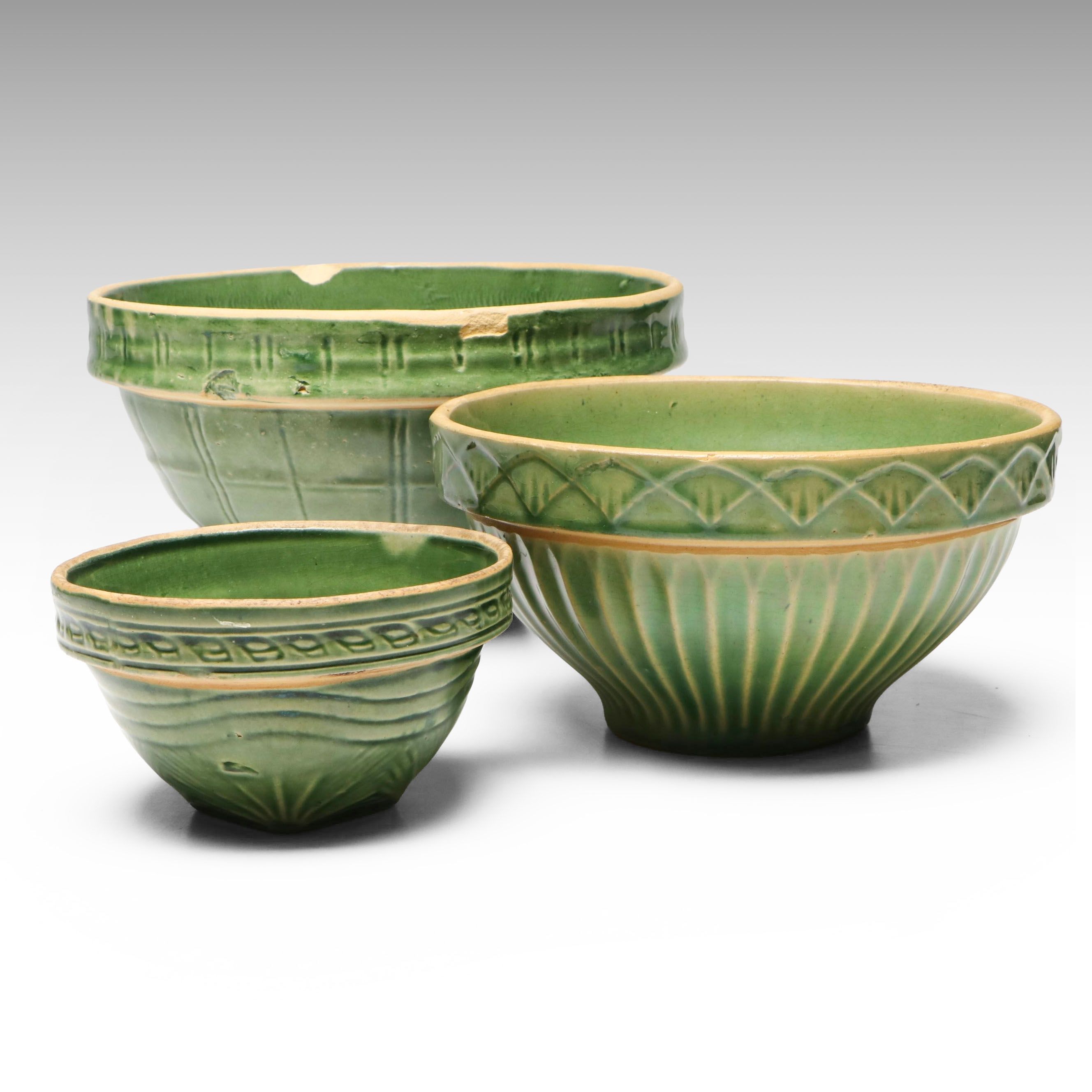 McCoy "Windowpane" with Other Green Stoneware Bowls, Early to Mid-20th C.