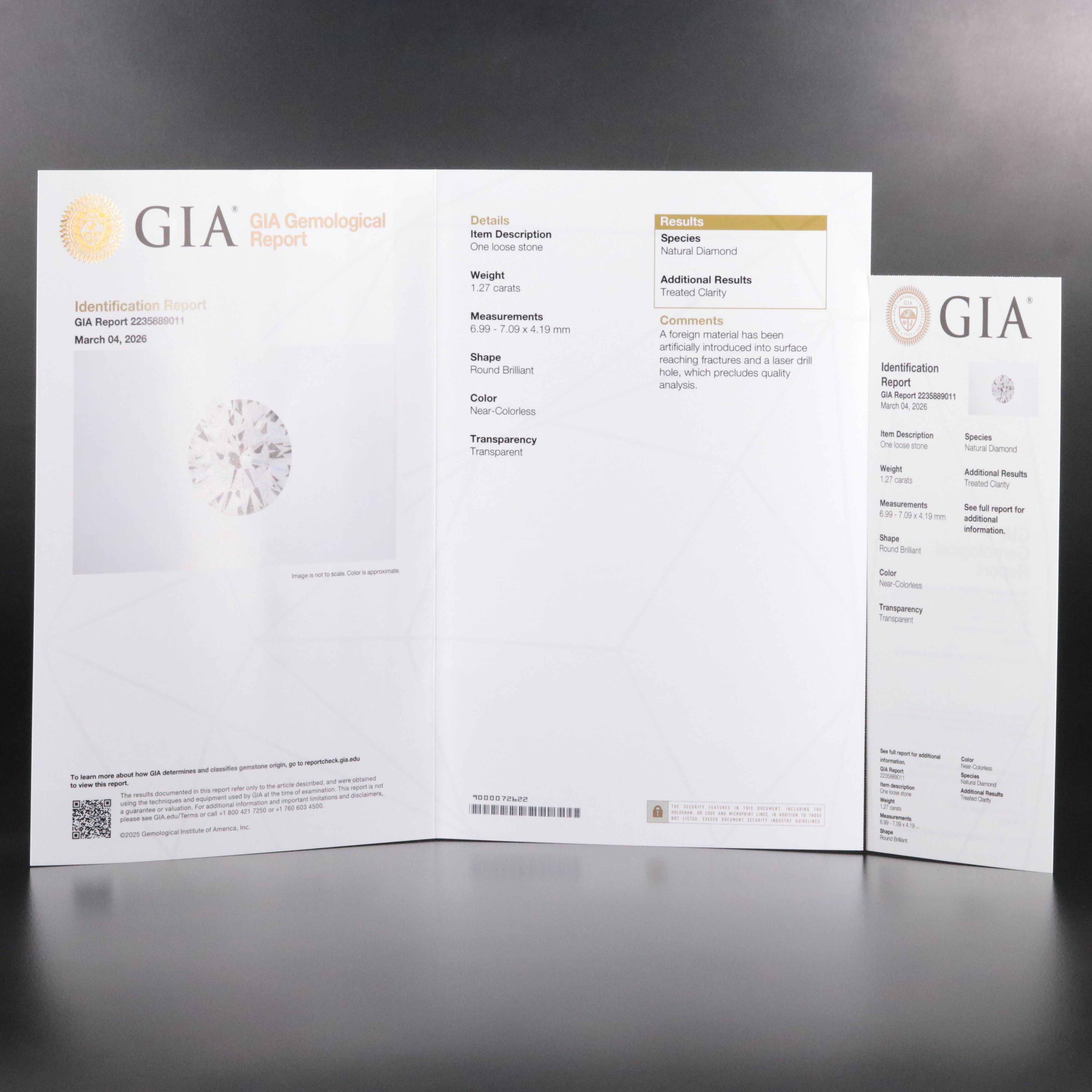 Loose 1.27 CT Diamond with GIA Report