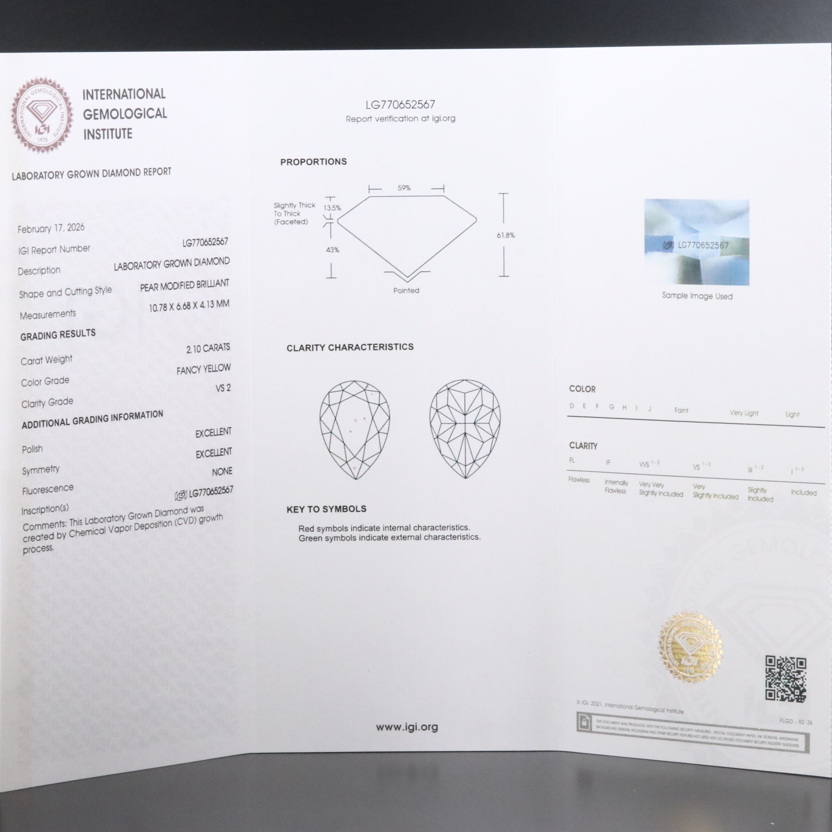 Loose 2.10 CT Lab Grown Fancy Yellow Diamond with IGI Report