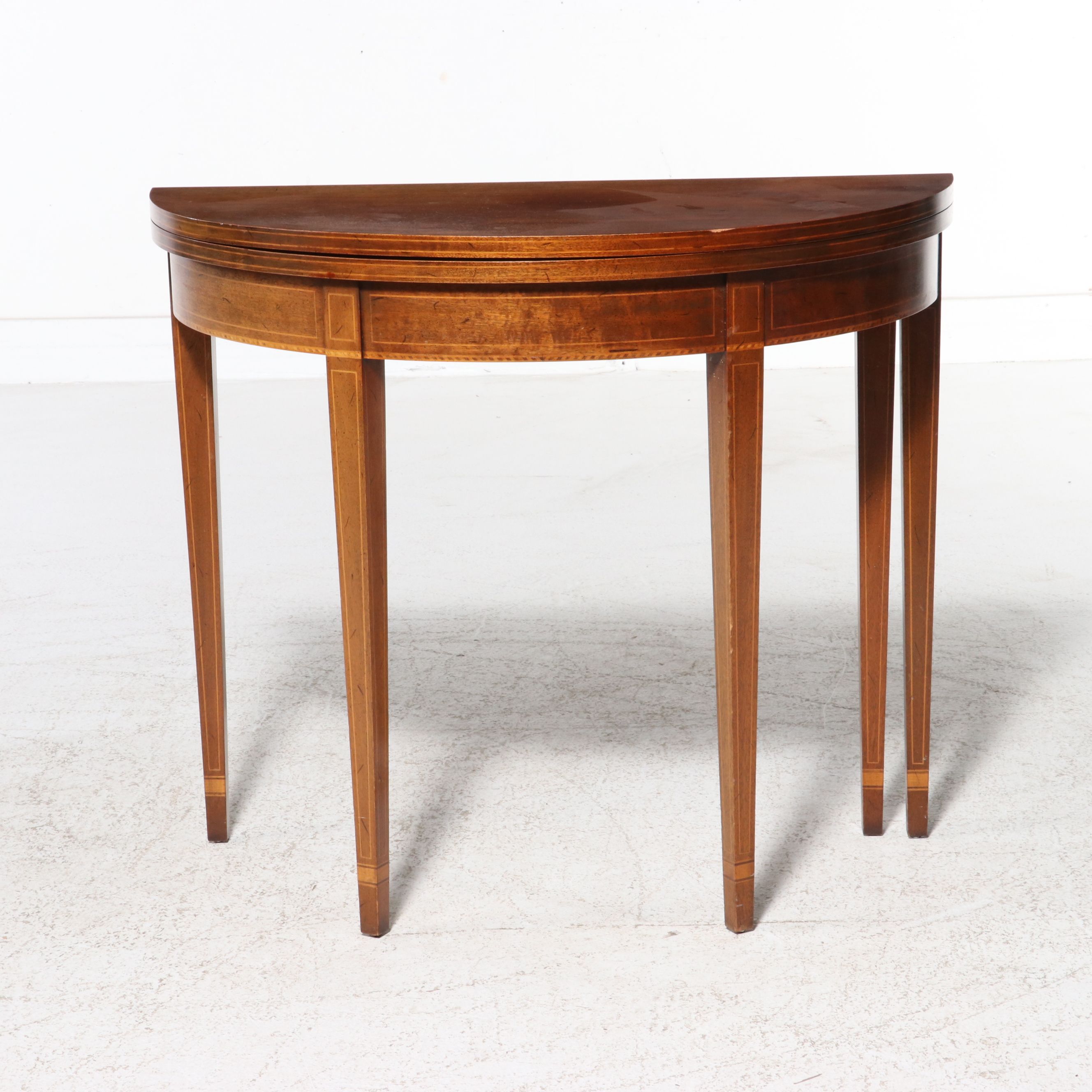 Hepplewhite Style Barberpole and String Inlaid Mahogany Demilune Games Table