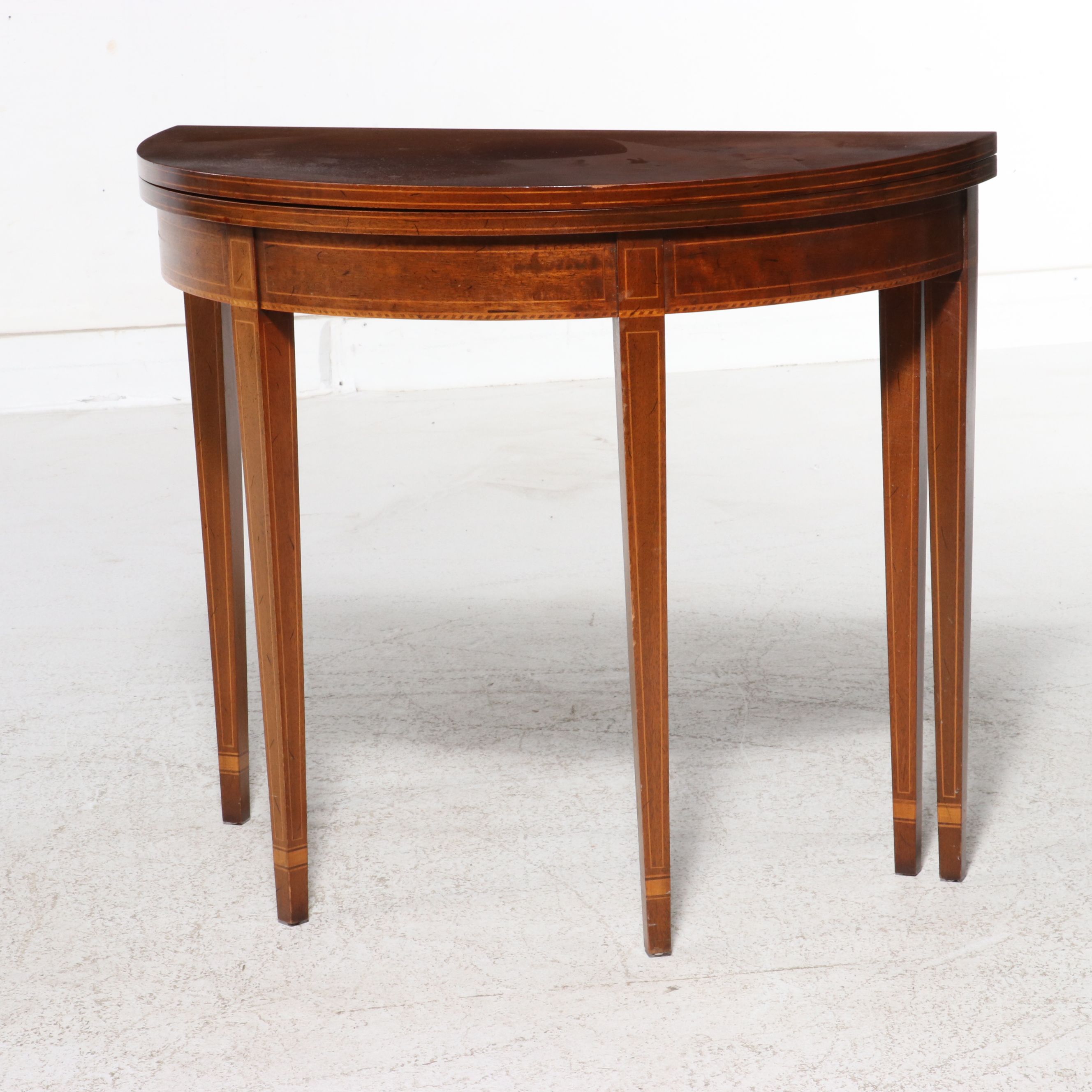 Hepplewhite Style Barberpole and String Inlaid Mahogany Demilune Games Table