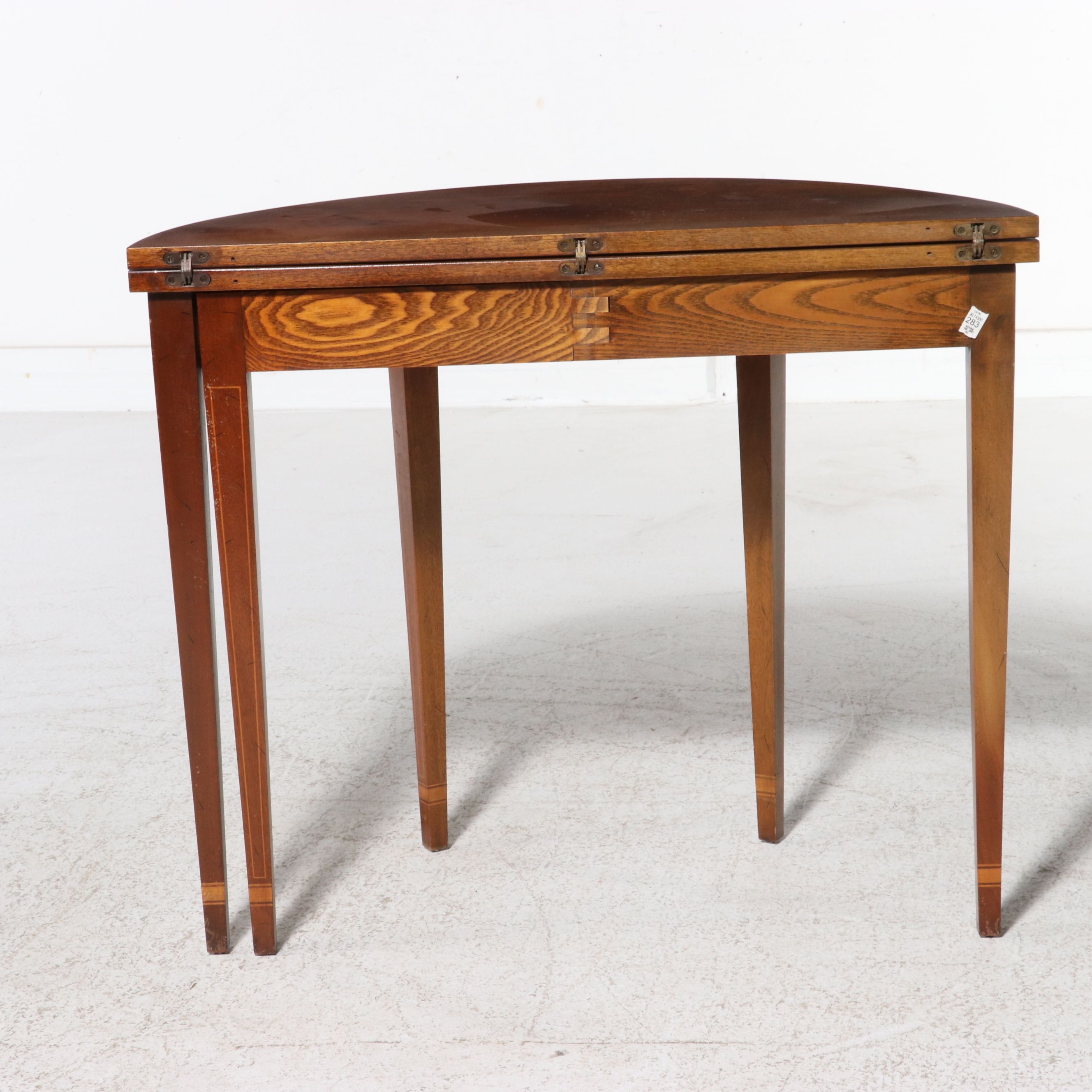 Hepplewhite Style Barberpole and String Inlaid Mahogany Demilune Games Table
