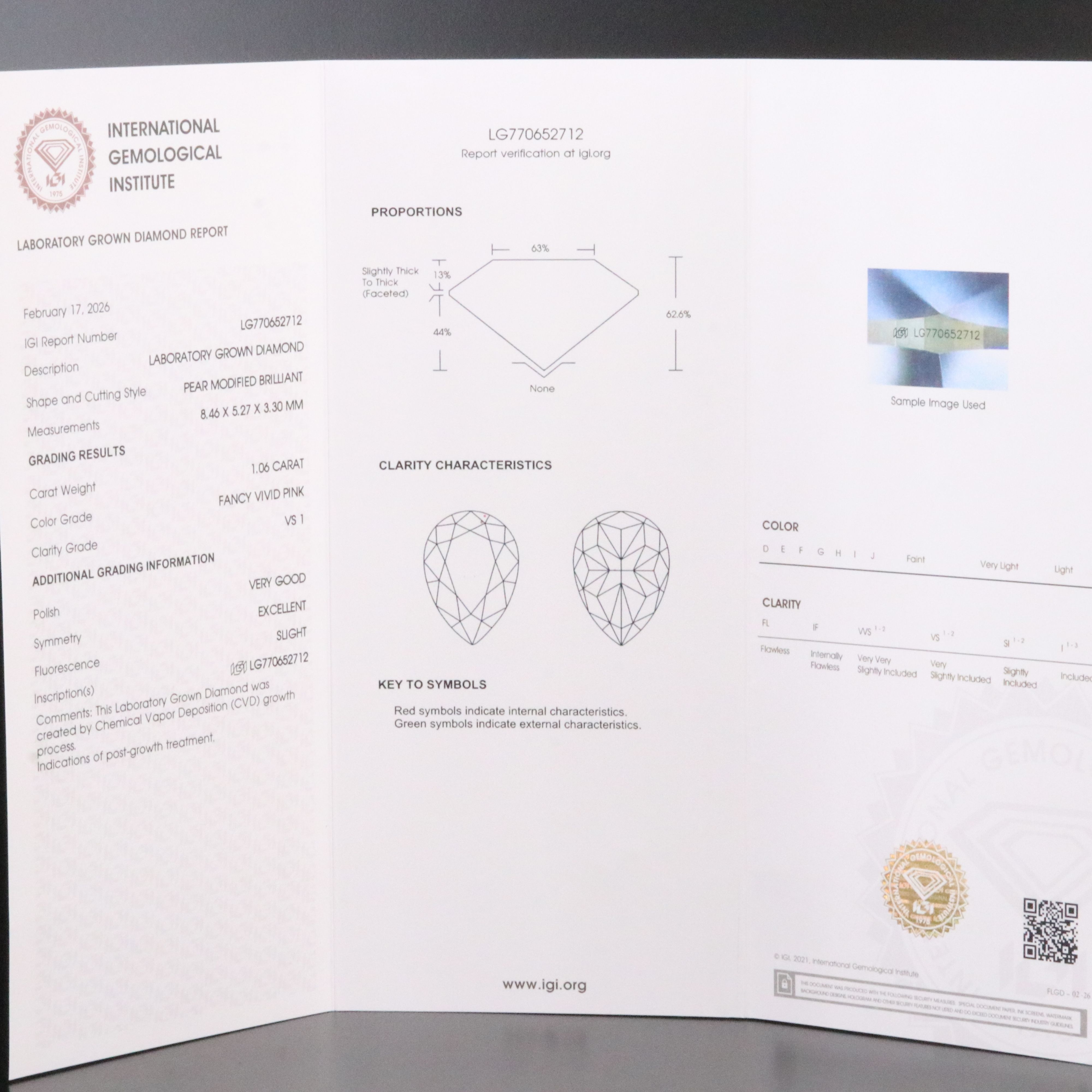 Loose 1.06 CT Lab Grown Fancy Vivid Pink Diamond with IGI Report