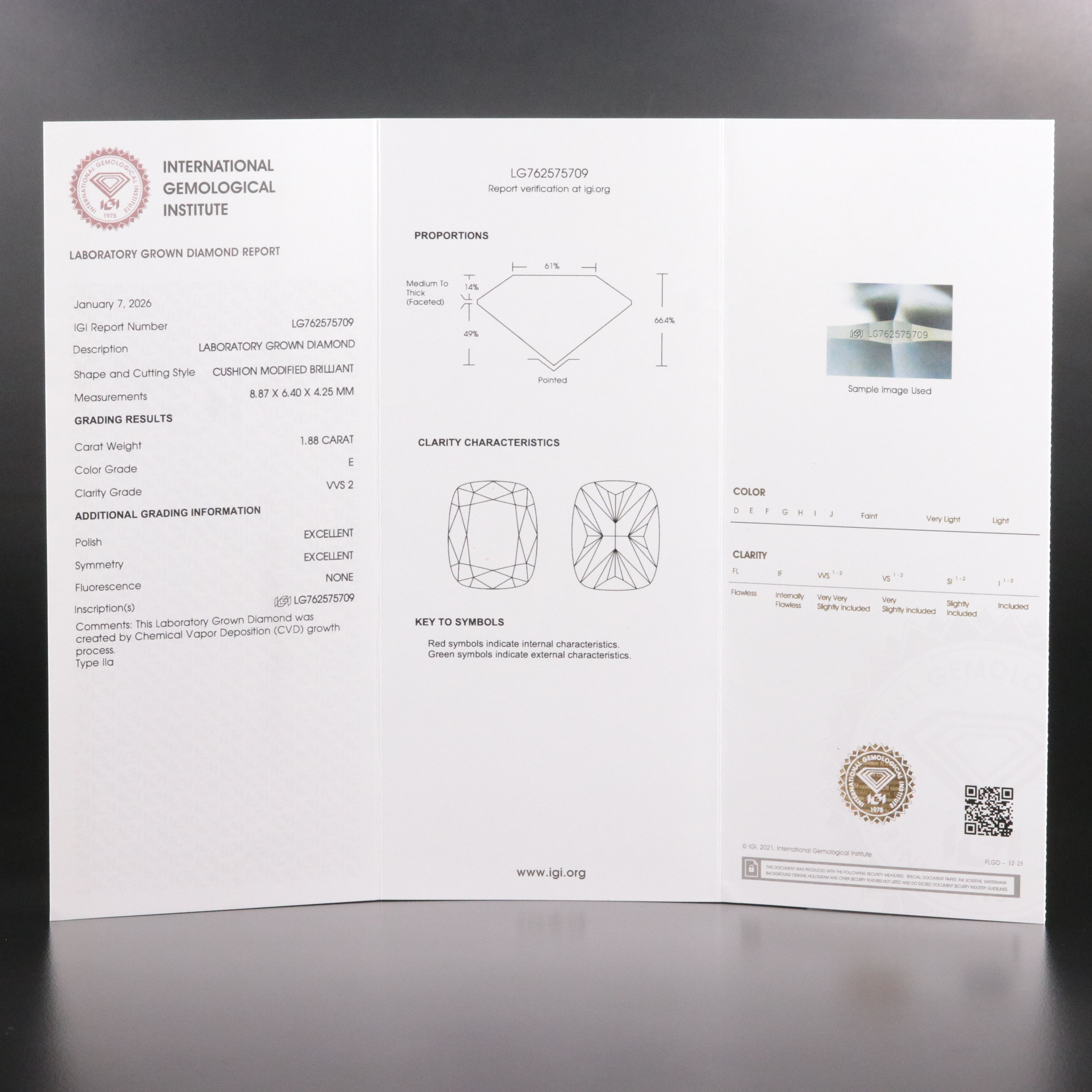 Loose 1.88 CT Lab Grown Diamond with IGI Report