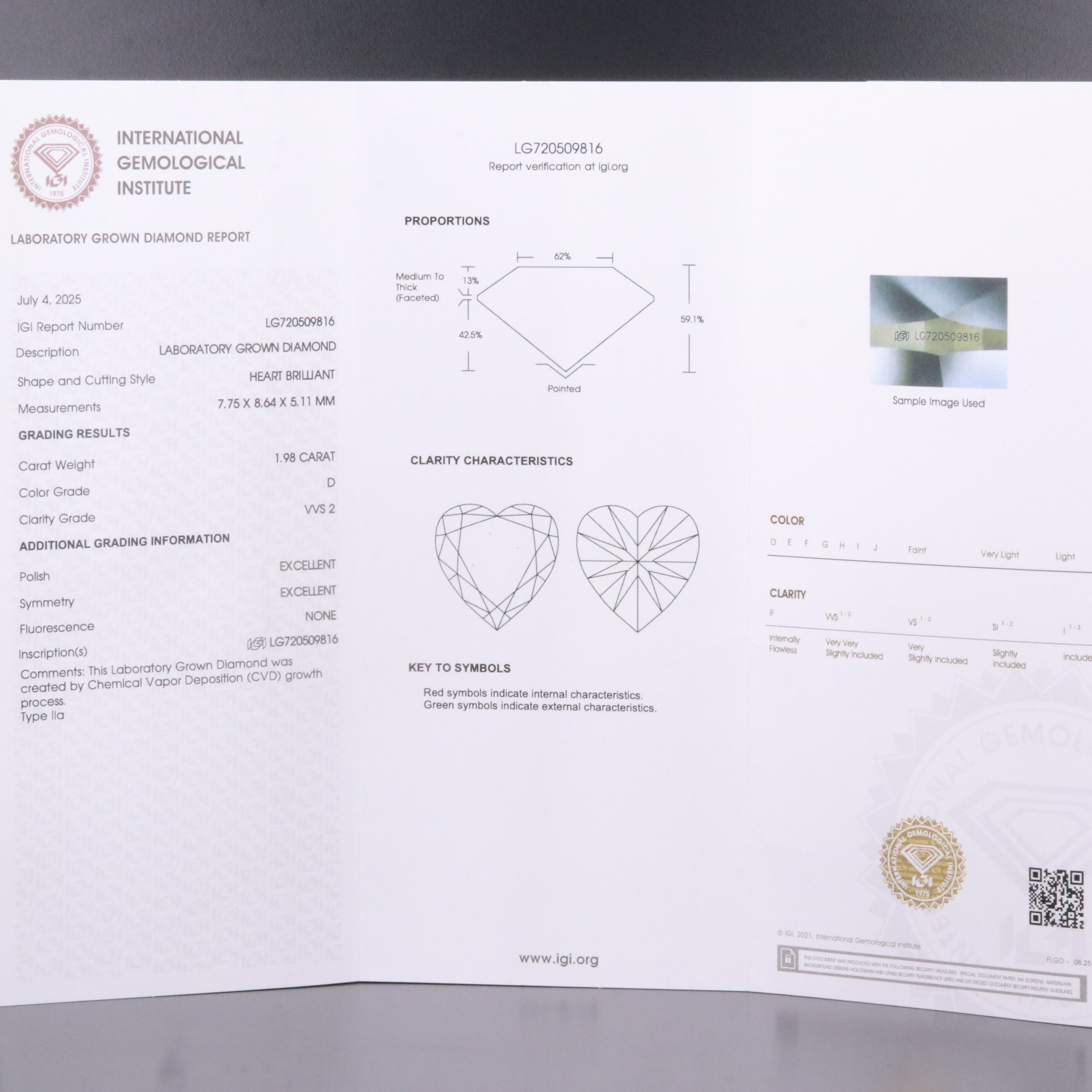 Loose 1.98 CT Lab Grown Diamond with IGI Report